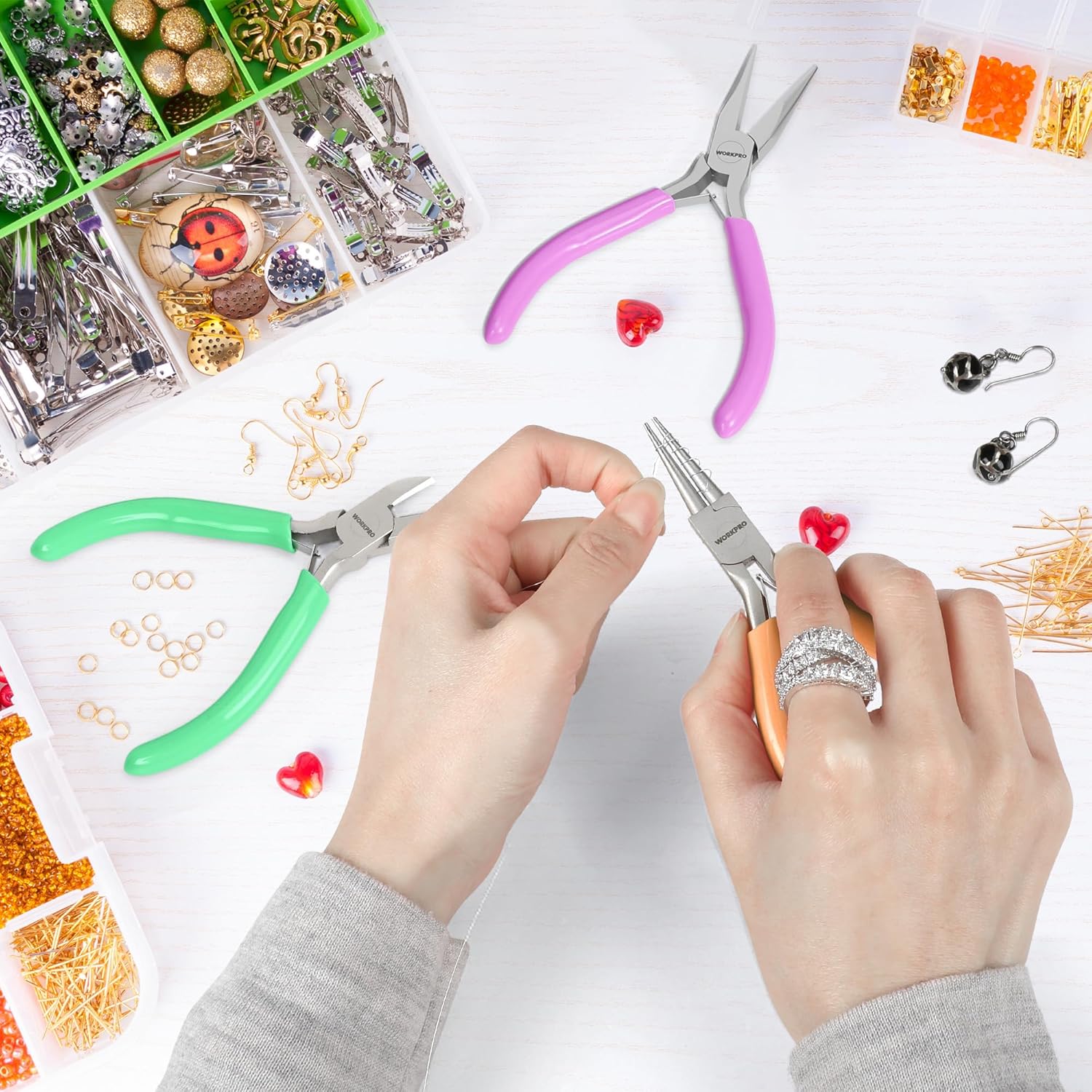 WORKPRO Jewelry Pliers Set, 3-Piece Mini Jewelry Tool Kit—Purple Needle Nose Plier/Chain Nose Plier, Orange Round Nose Pliers & Green Wire Cutter for Jewelry Making, Beading & Wire Wrapping - Image 8