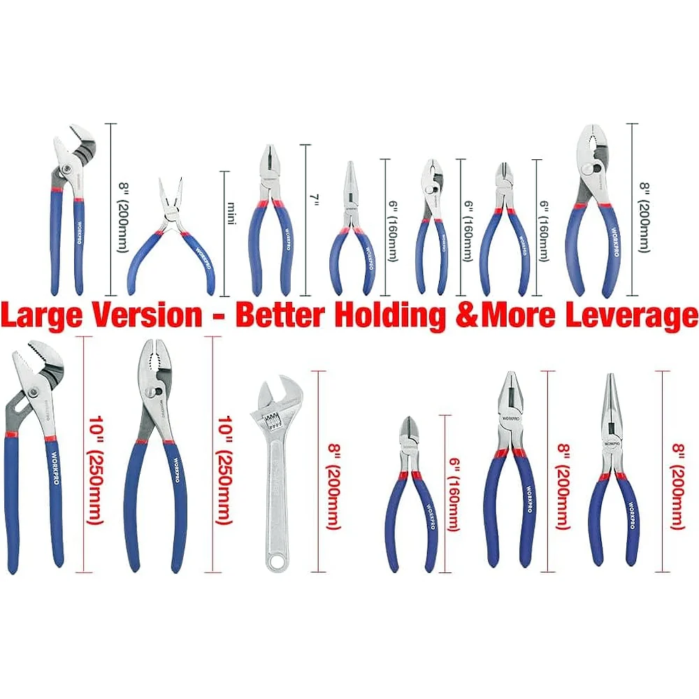 WORKPRO Large Pliers & Wrench Set 6-Piece (10" Water Pump, 10" Slip Joint, 8" Long Nose, 8" Linesman, 6" Diagonal, 8" Adjustable Wrench) for DIY & Home Use, W001329A - Image 2