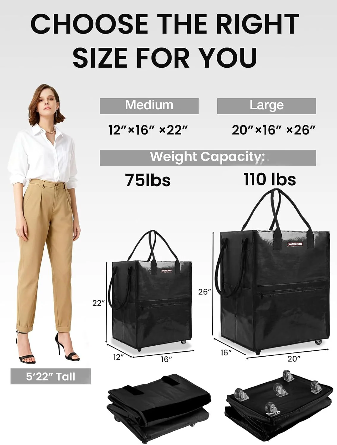 WORKPRO Large Rolling Grocery Bag, 36-Gallon Tote with 5 Wheels, 110 lbs Capacity, Dual Carry, Wide Zipper & Extra Storage for Shopping, Laundry & Moving - Image 2