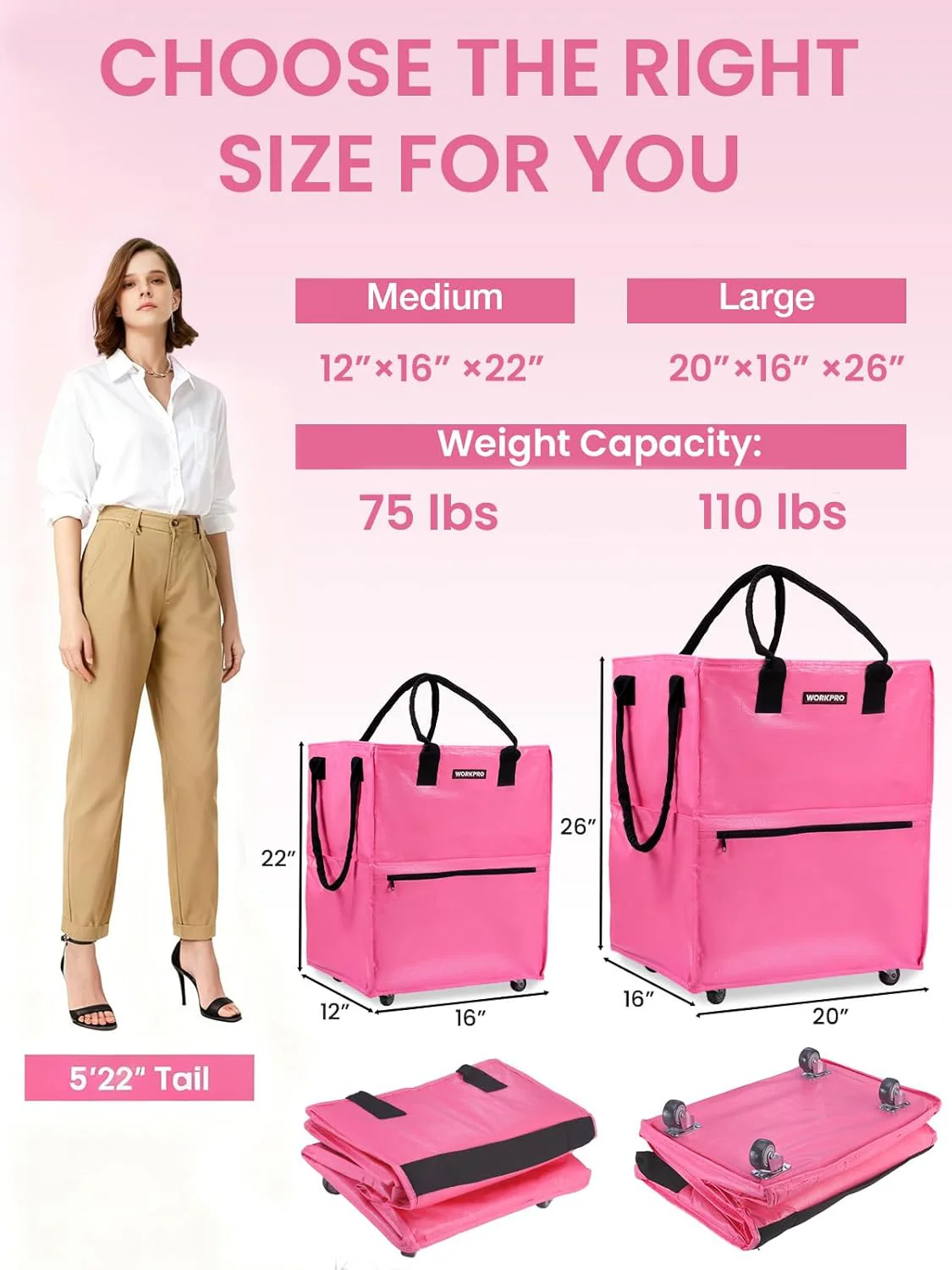 WORKPRO Large Rolling Grocery Bag, 36-Gallon Tote with 5 Wheels, 110 lbs Capacity, Dual Carry, Wide Zipper & Extra Storage for Shopping, Laundry & Moving - Image 2