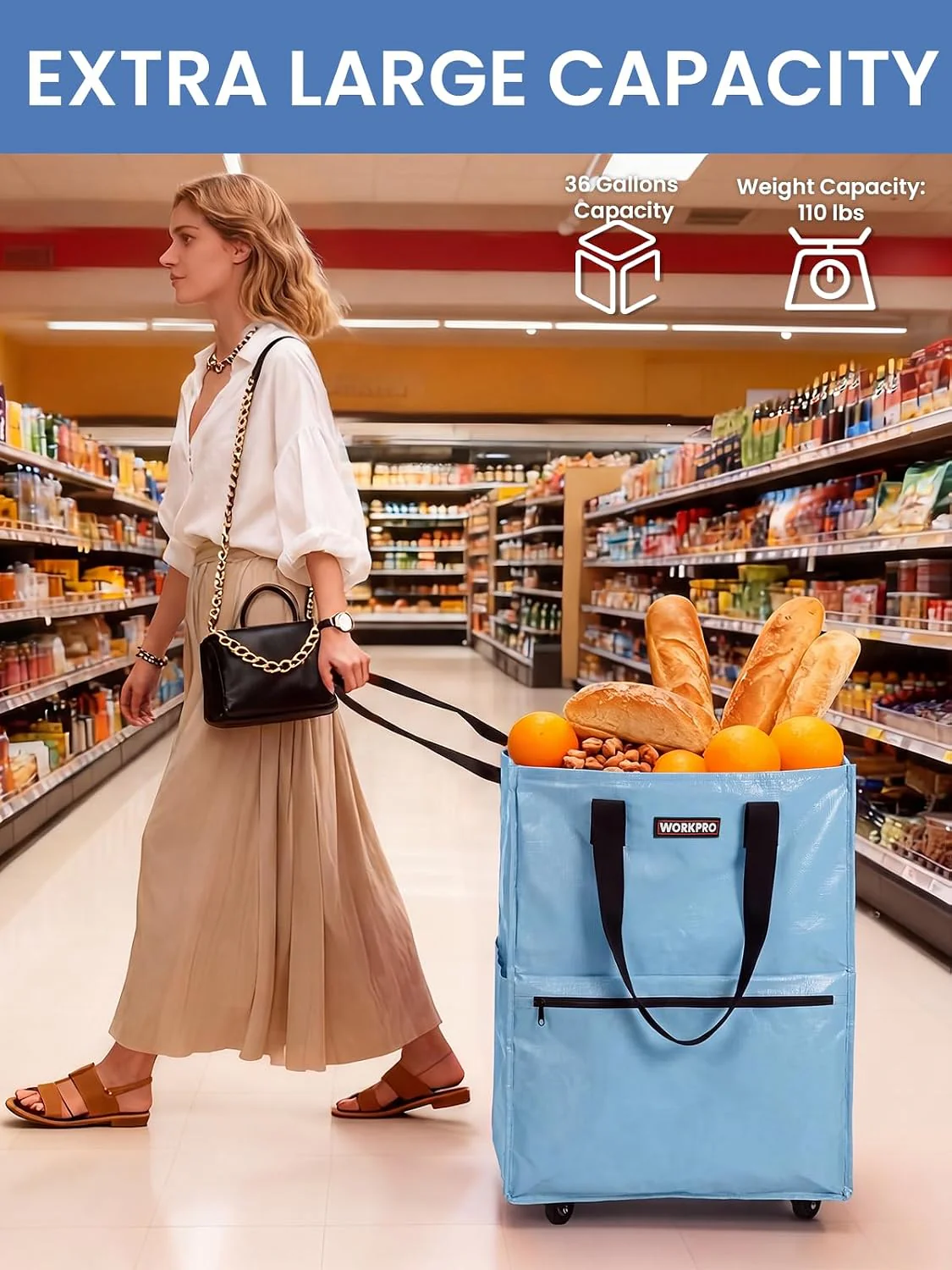 WORKPRO Large Rolling Grocery Bag, 36-Gallon Tote with 5 Wheels, 110 lbs Capacity, Dual Carry, Wide Zipper & Extra Storage for Shopping, Laundry & Moving - Image 4