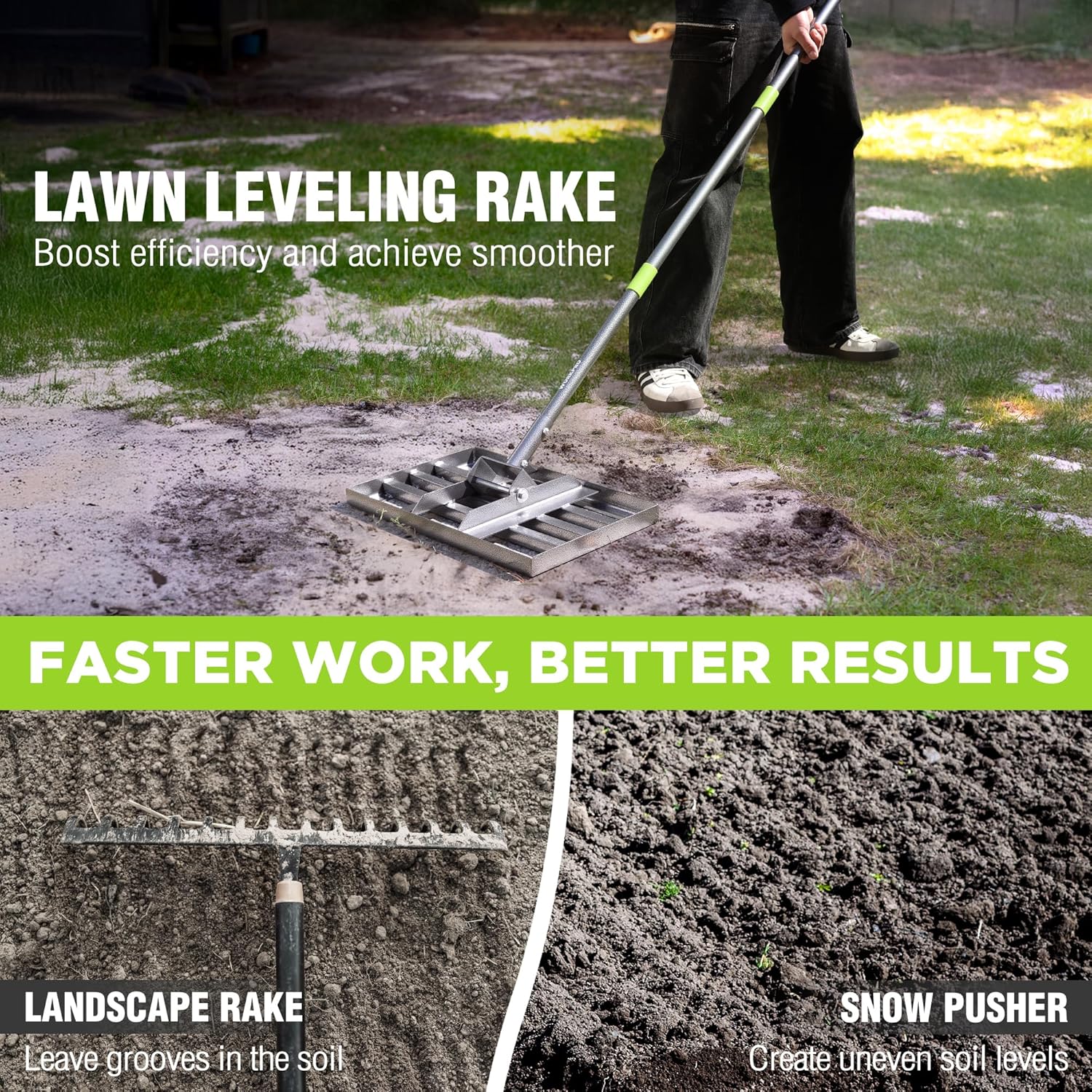WORKPRO Lawn Leveling Rake, 17” x 10” Rake with 6FT Adjustable Handle | Heavy Duty Leveling Rake with Premium Stainless Steel & No-Slip Grip for Garden, Backyard, Golf Course, Farm, Pasture - Image 3
