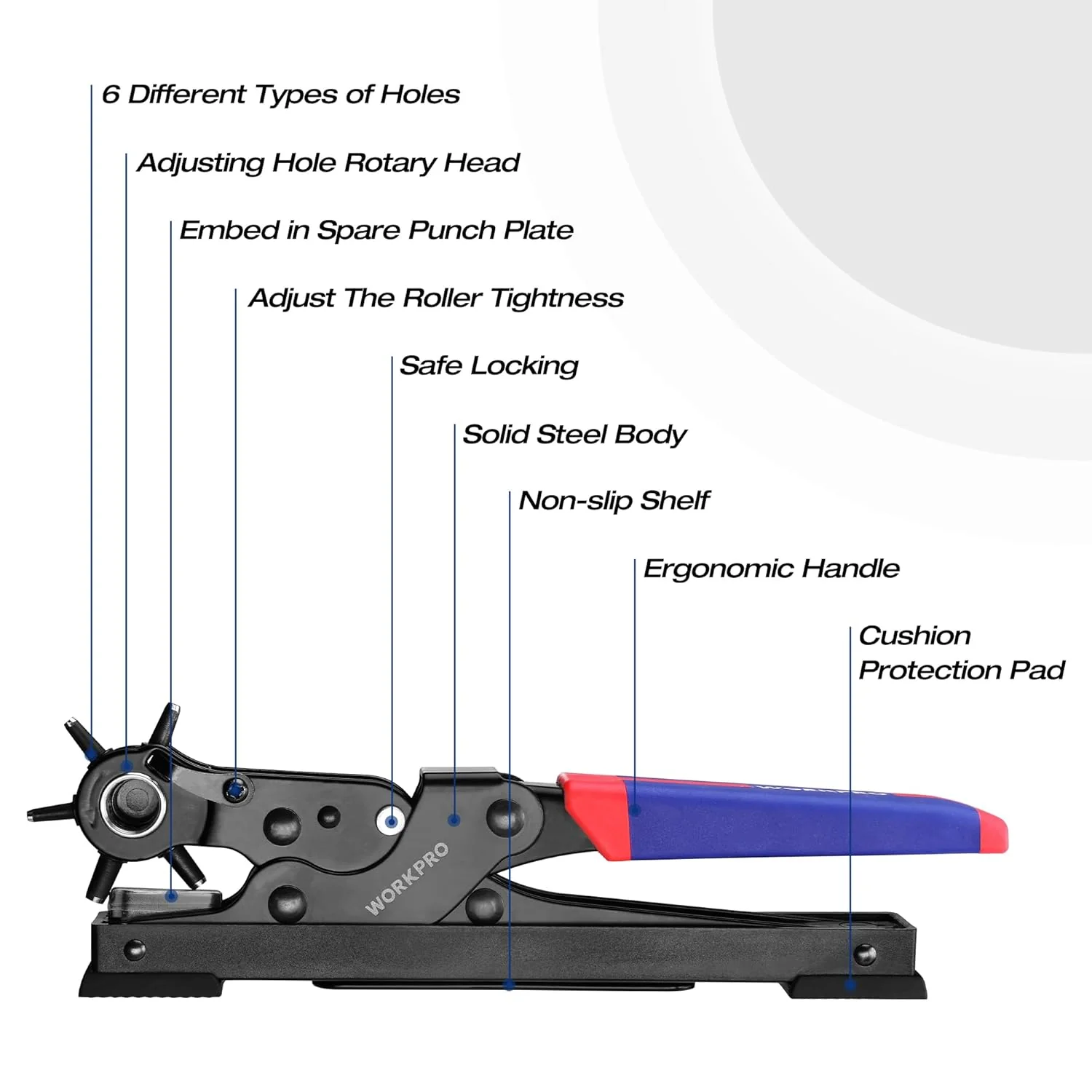 WORKPRO Leather Hole Punch Set, Desktop Rotary Belt Hole Puncher | Heavy Duty Leather Punch Tool with 6 Punch Sizes for Belts, Dog Collars, Watch Bands, Shoes, Saddles and DIY Projects - Image 3
