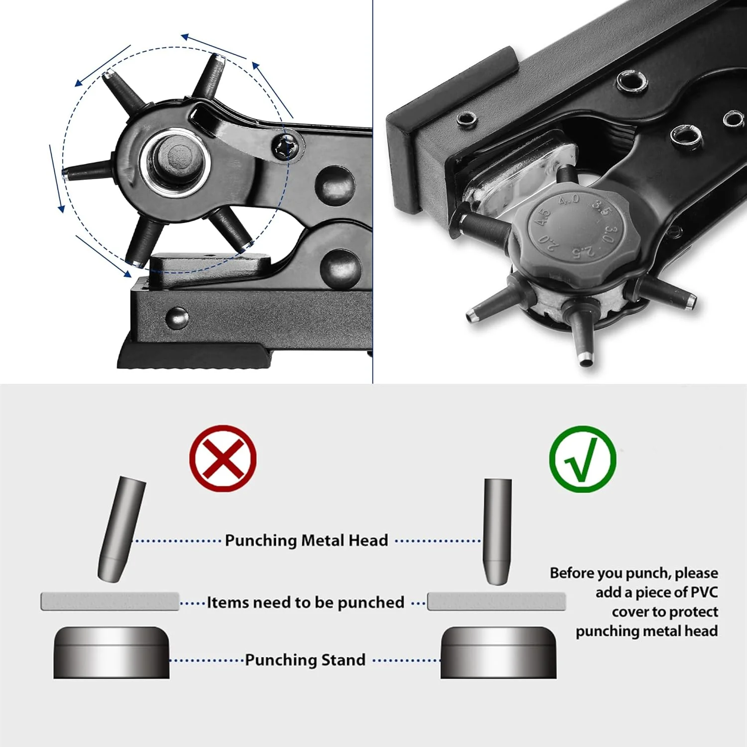 WORKPRO Leather Hole Punch Set, Desktop Rotary Belt Hole Puncher | Heavy Duty Leather Punch Tool with 6 Punch Sizes for Belts, Dog Collars, Watch Bands, Shoes, Saddles and DIY Projects - Image 4