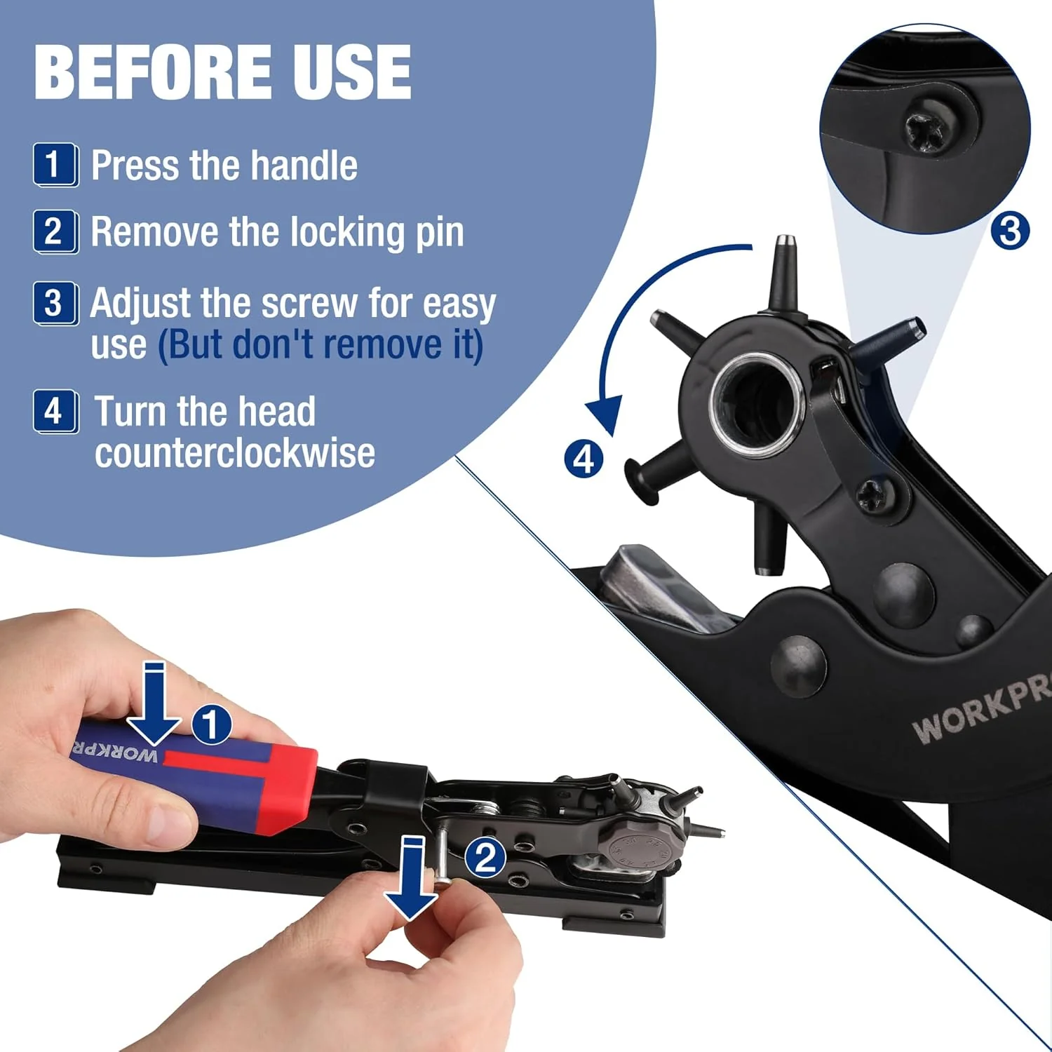 WORKPRO Leather Hole Punch Set, Desktop Rotary Belt Hole Puncher | Heavy Duty Leather Punch Tool with 6 Punch Sizes for Belts, Dog Collars, Watch Bands, Shoes, Saddles and DIY Projects - Image 5