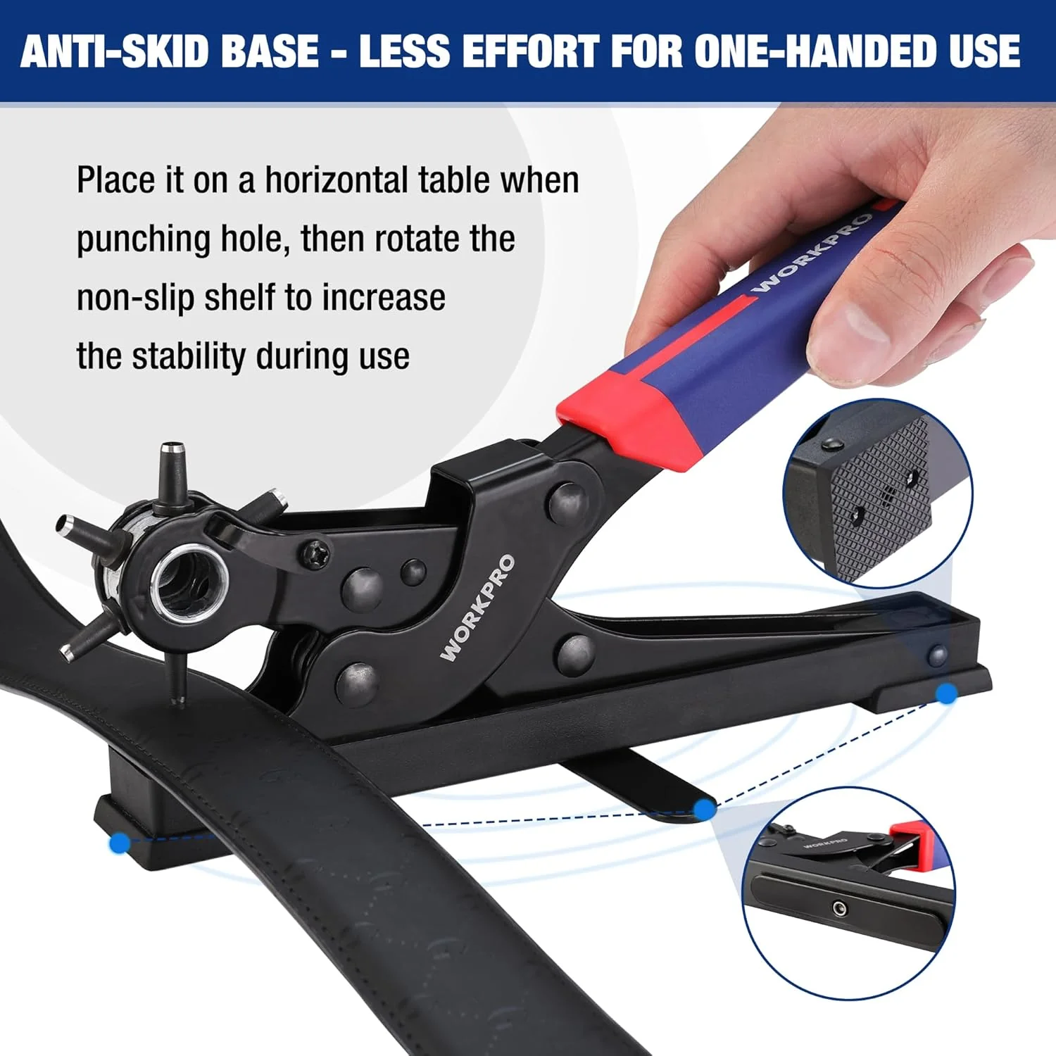 WORKPRO Leather Hole Punch Set, Desktop Rotary Belt Hole Puncher | Heavy Duty Leather Punch Tool with 6 Punch Sizes for Belts, Dog Collars, Watch Bands, Shoes, Saddles and DIY Projects - Image 6