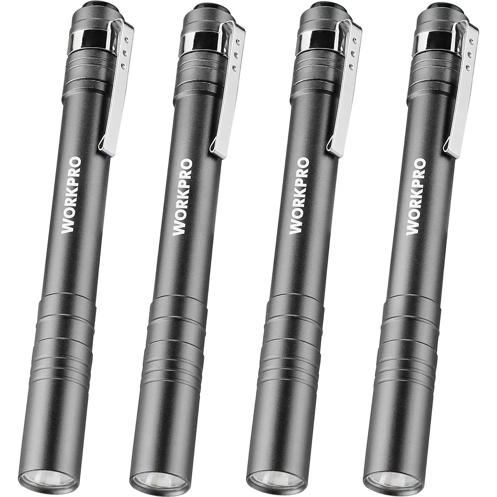 WORKPRO LED Pen Light, Aluminum Pen Flashlights, Pocket Flashlight with Clip for Inspection, Emergency, Everyday, 2AAA Batteries Include, Gray(4-Pack)