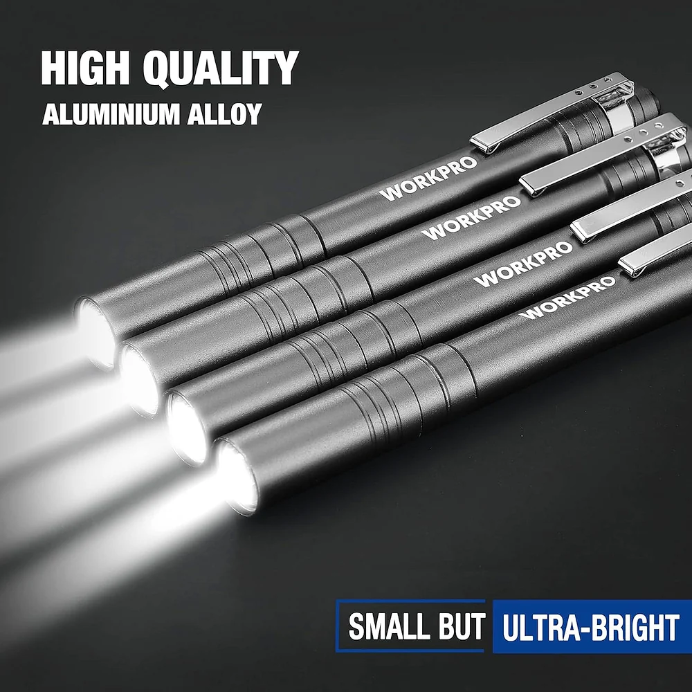 WORKPRO LED Pen Light, Aluminum Pen Flashlights, Pocket Flashlight with Clip for Inspection, Emergency, Everyday, 2AAA Batteries Include, Gray(4-Pack) - Image 3