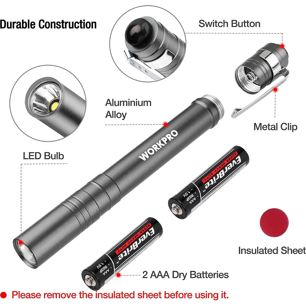 WORKPRO LED Pen Light, Aluminum Pen Flashlights, Pocket Flashlight with Clip for Inspection, Emergency, Everyday, 2AAA Batteries Include, Gray(4-Pack) - Image 4