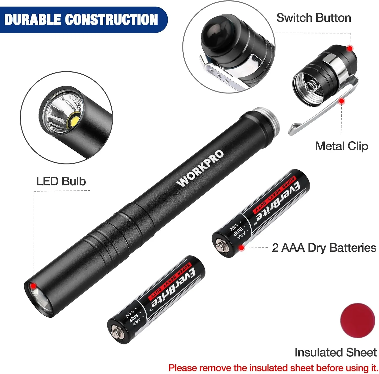 WORKPRO LED Pen Light, Aluminum Pen Flashlights, Pocket Flashlight with Clip for Inspection, Emergency, Everyday, Black(4-Pack) - Image 4