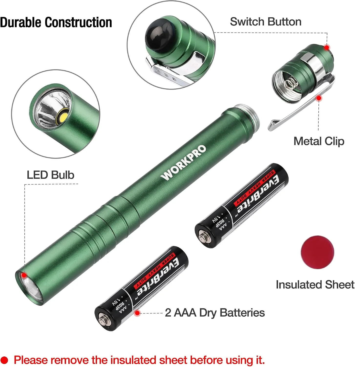 WORKPRO LED Pen Light, Aluminum Pen Flashlights, Pocket Flashlight with Clip for Inspection, Emergency, Everyday, 2AAA Batteries Include, Green(4-Pack) - Image 6
