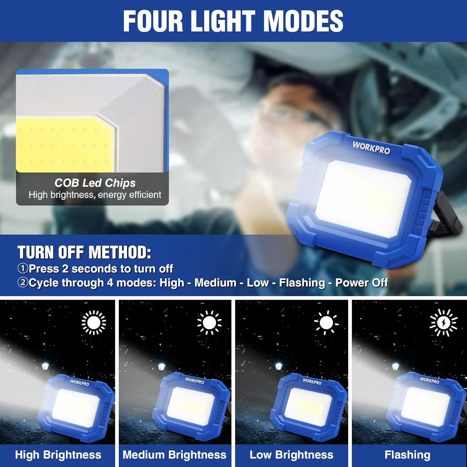WORKPRO LED Work Light, Rechargeable Magnetic Work Lights with Stand, Portable 2000LM COB Flood Light for Camping, Fishing, Car Repair, Job Site Lighting, Hiking, 4 Modes, 2 Pack - Image 2