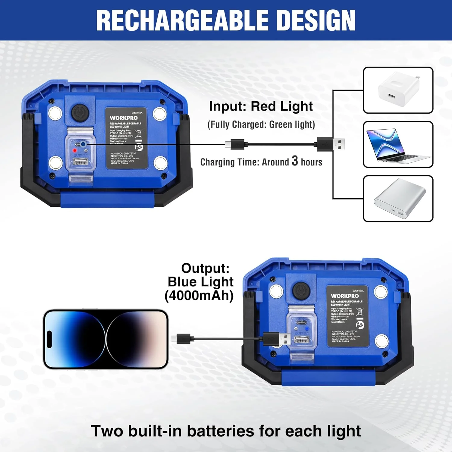WORKPRO LED Work Light, Rechargeable Magnetic Work Lights with Stand, Portable 2000LM COB Flood Light for Camping, Fishing, Car Repair, Job Site Lighting, Hiking, 4 Modes, 2 Pack - Image 4