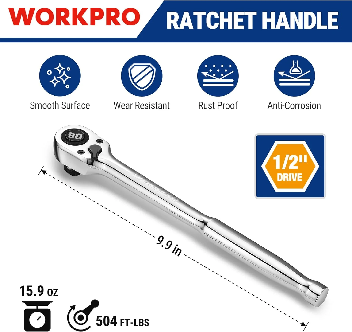 WORKPRO Low-Profile 1/2-Inch Drive Ratchet, 90-Tooth Quick-Release Ratchet Wrench, Reversible, 4° Swing, CR-MO Compact Drive Head, Full Polished, Gifts for Men - Image 2
