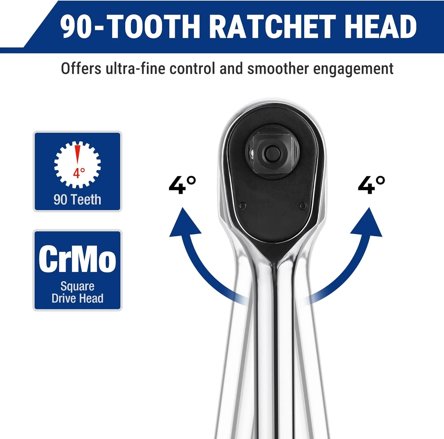 WORKPRO Low-Profile 1/2-Inch Drive Ratchet, 90-Tooth Quick-Release Ratchet Wrench, Reversible, 4° Swing, CR-MO Compact Drive Head, Full Polished, Gifts for Men - Image 3