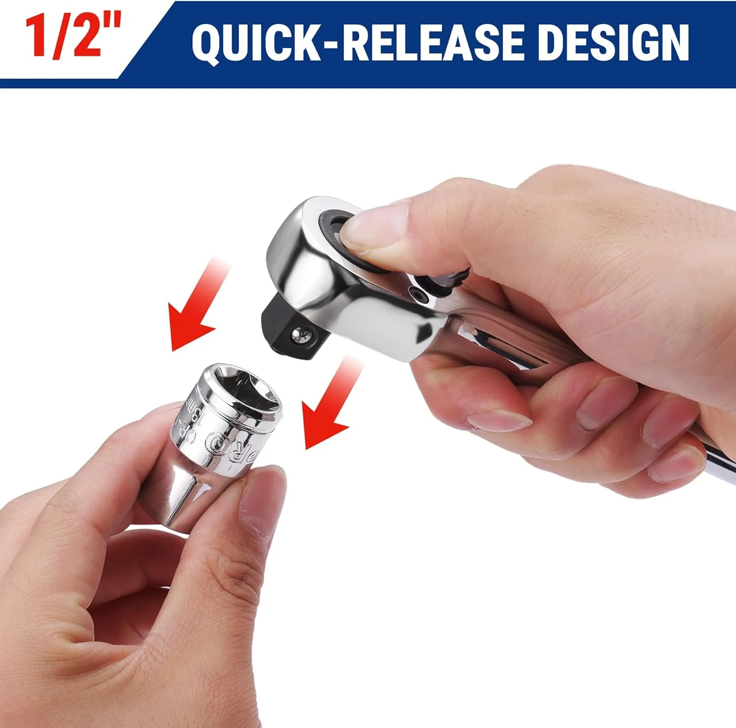 WORKPRO Low-Profile 1/2-Inch Drive Ratchet, 90-Tooth Quick-Release Ratchet Wrench, Reversible, 4° Swing, CR-MO Compact Drive Head, Full Polished, Gifts for Men - Image 7