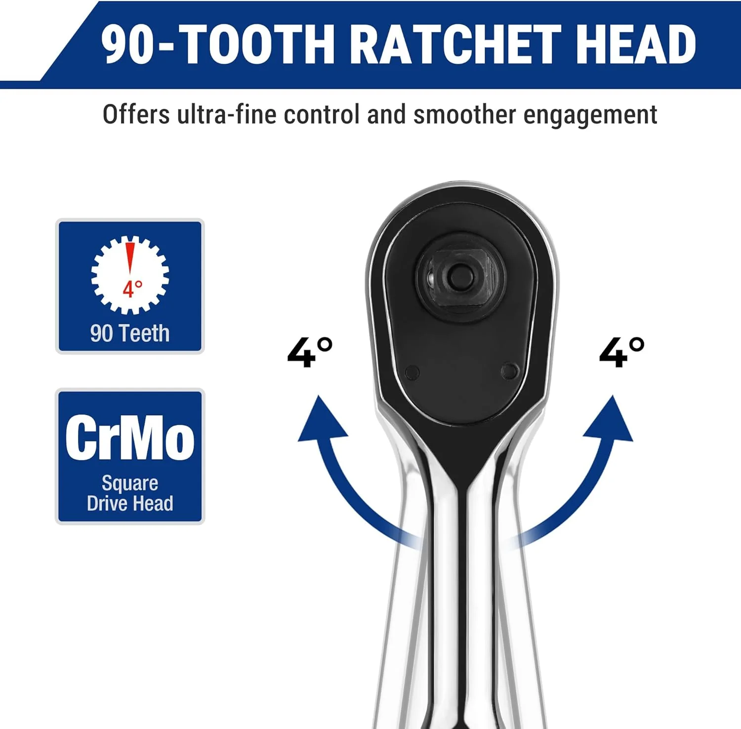 WORKPRO Low-Profile 1/4-Inch Drive Ratchet, 90-Tooth Quick-Release Ratchet Wrench, Reversible, 4° Swing, CR-MO Compact Drive Head, Full Polished, Gifts for Men - Image 4