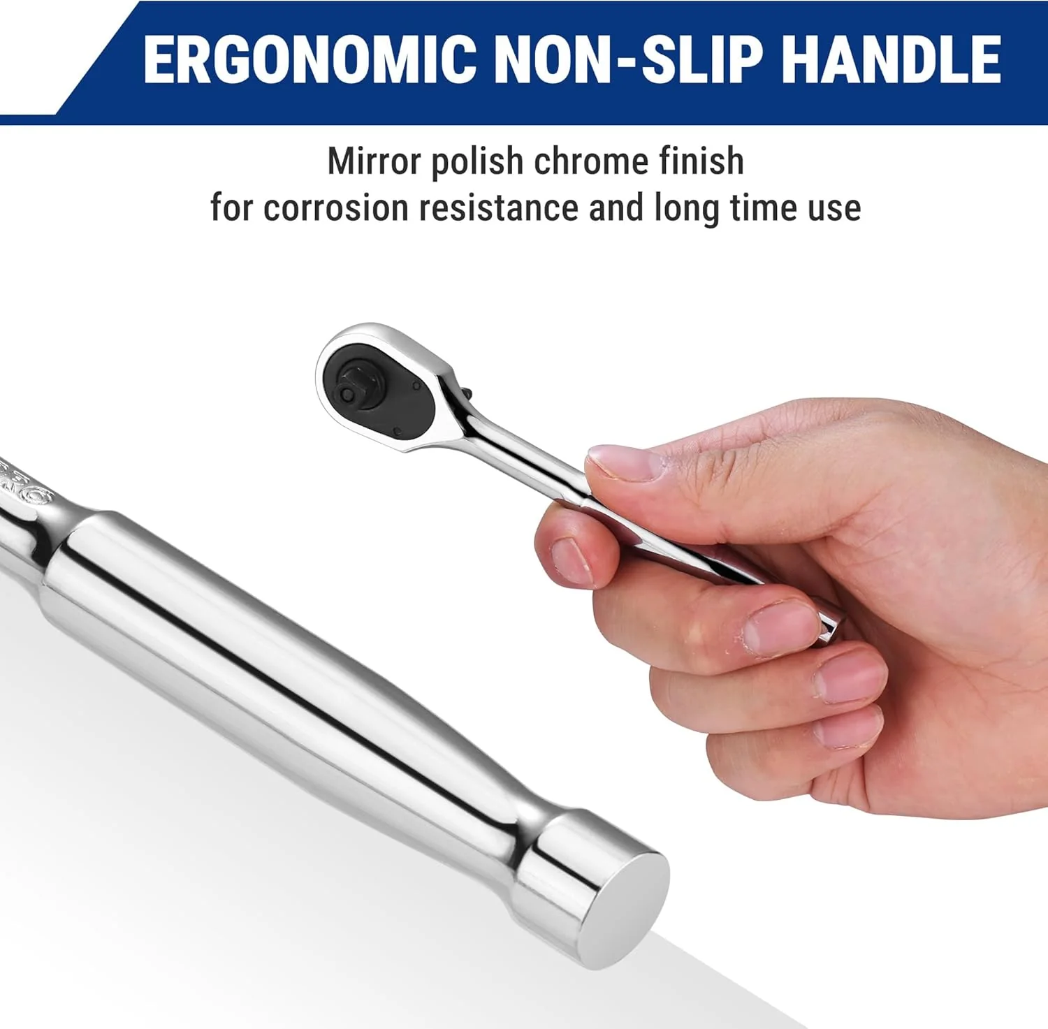WORKPRO Low-Profile 1/4-Inch Drive Ratchet, 90-Tooth Quick-Release Ratchet Wrench, Reversible, 4° Swing, CR-MO Compact Drive Head, Full Polished, Gifts for Men - Image 6