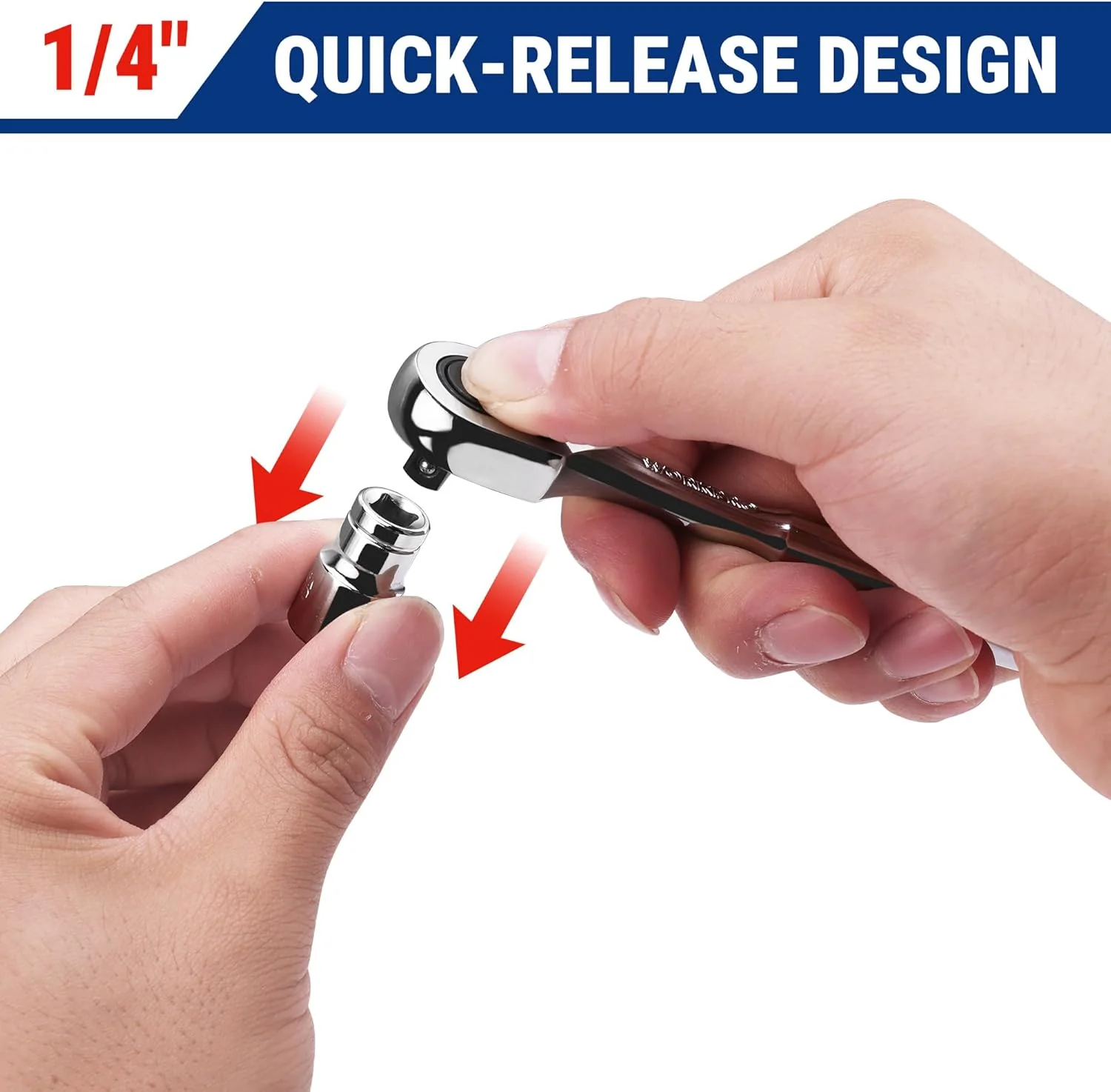 WORKPRO Low-Profile 1/4-Inch Drive Ratchet, 90-Tooth Quick-Release Ratchet Wrench, Reversible, 4° Swing, CR-MO Compact Drive Head, Full Polished, Gifts for Men - Image 7