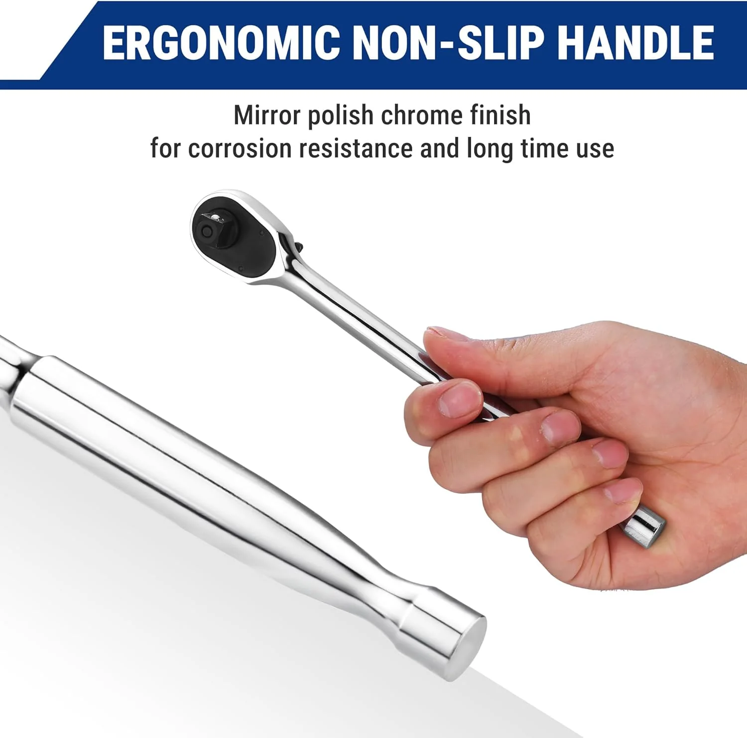 WORKPRO Low-Profile 3/8-Inch Drive Ratchet, 90-Tooth Quick-Release Ratchet Wrench, Reversible, 4° Swing, CR-MO Compact Drive Head, Full Polished, Gifts for Men - Image 5