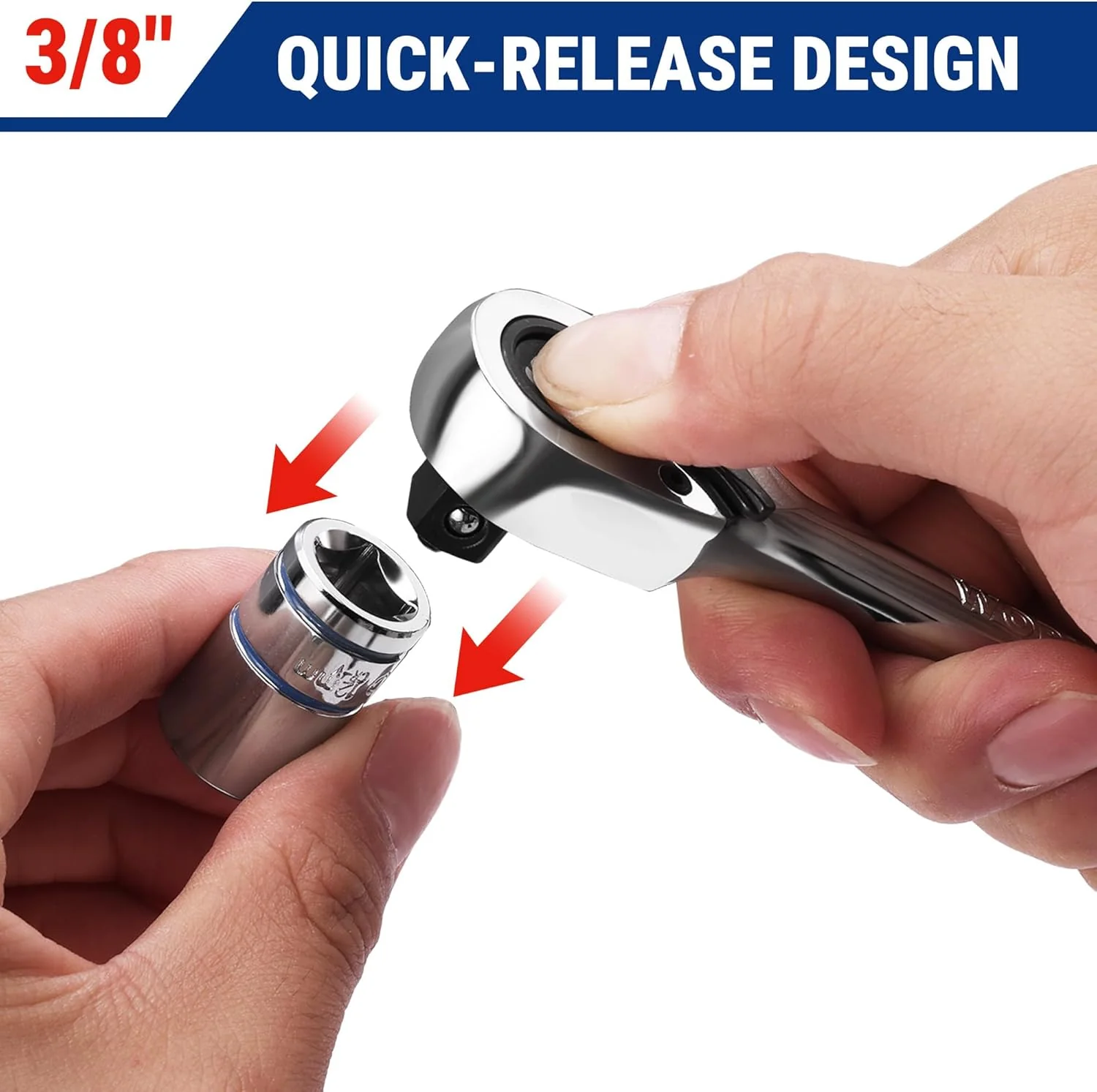 WORKPRO Low-Profile 3/8-Inch Drive Ratchet, 90-Tooth Quick-Release Ratchet Wrench, Reversible, 4° Swing, CR-MO Compact Drive Head, Full Polished, Gifts for Men - Image 6