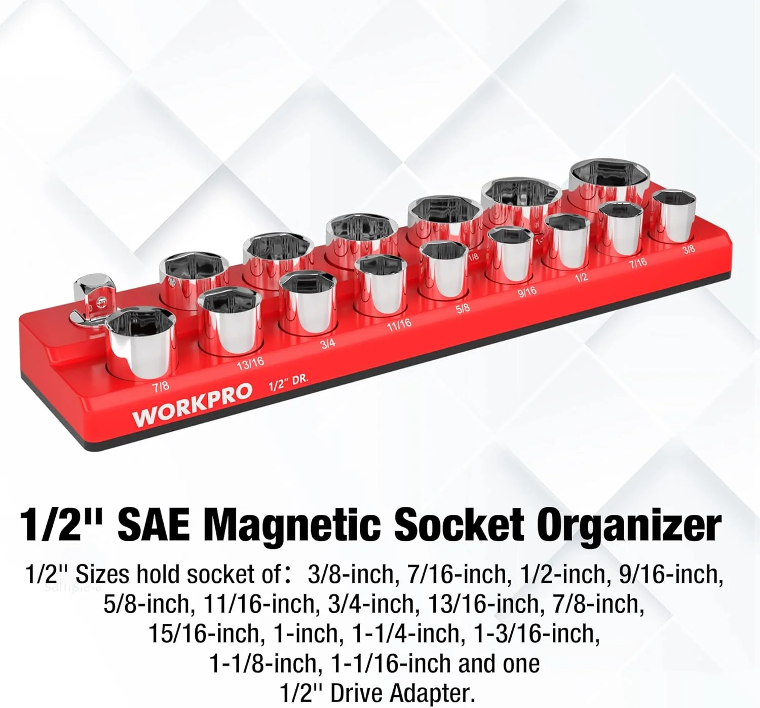 WORKPRO Magnetic 1/2-Inch SAE Socket Organizer - Holds 16 Standard & Deep Size Sockets - Image 2