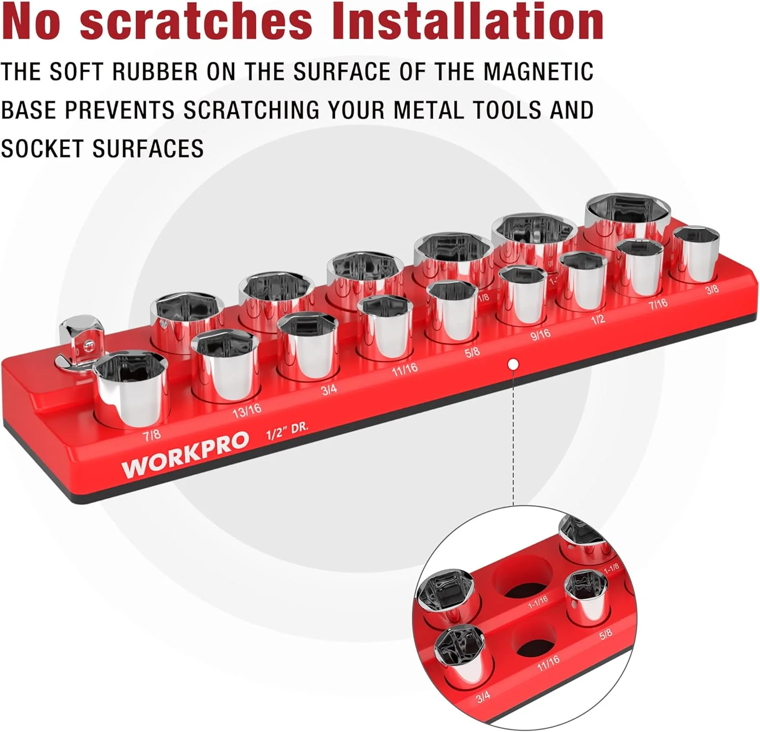 WORKPRO Magnetic 1/2-Inch SAE Socket Organizer - Holds 16 Standard & Deep Size Sockets - Image 4