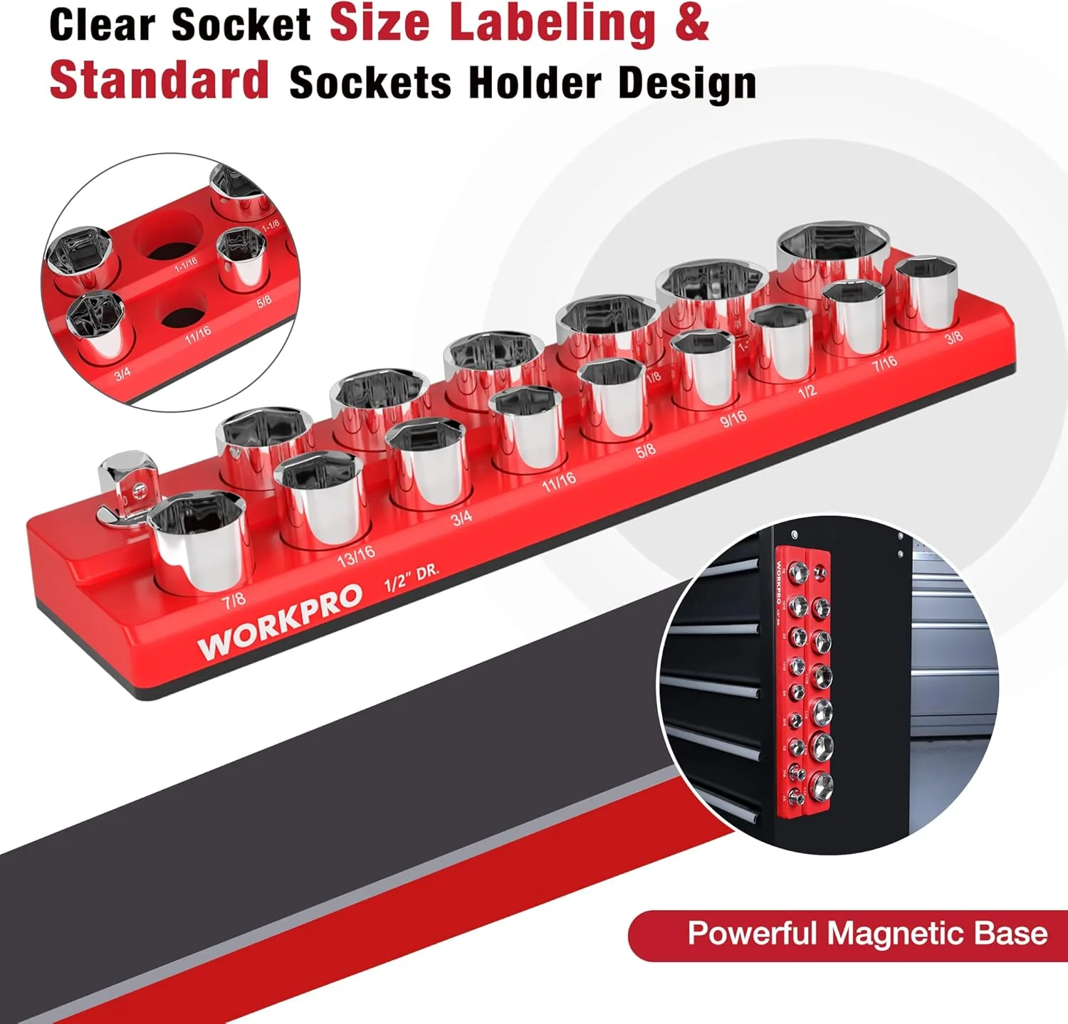 WORKPRO Magnetic 1/2-Inch SAE Socket Organizer - Holds 16 Standard & Deep Size Sockets - Image 5