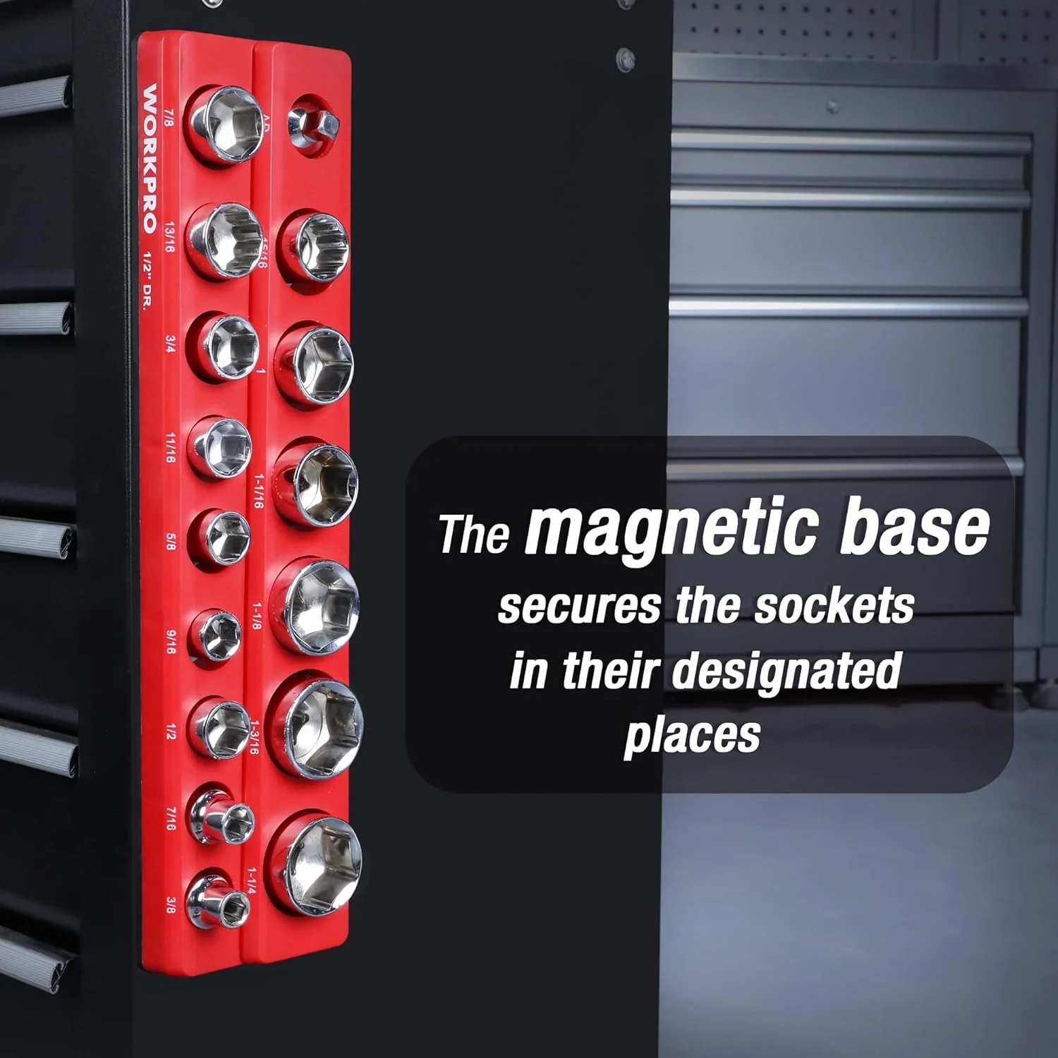 WORKPRO Magnetic 1/2-Inch SAE Socket Organizer - Holds 16 Standard & Deep Size Sockets - Image 7