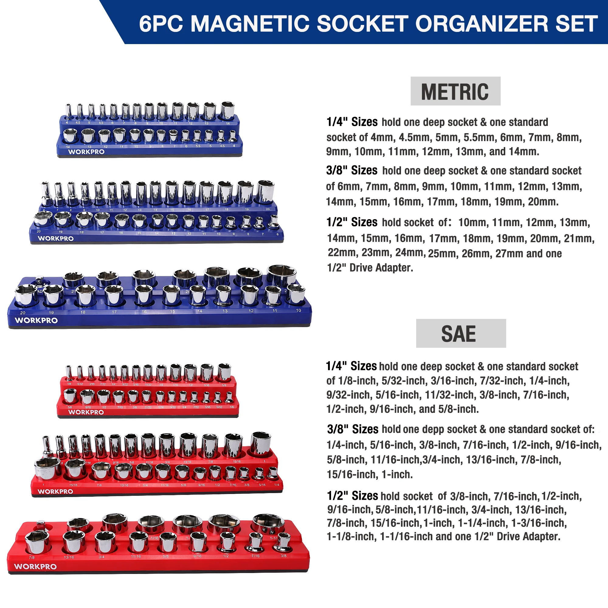 WORKPRO Magnetic Receptacle Organizer Set of 6 Includes 1/4", 3/8", 1/2" Drive Metric SAE Receptacle Tray, Holds 141 Standard Sizes - Image 3