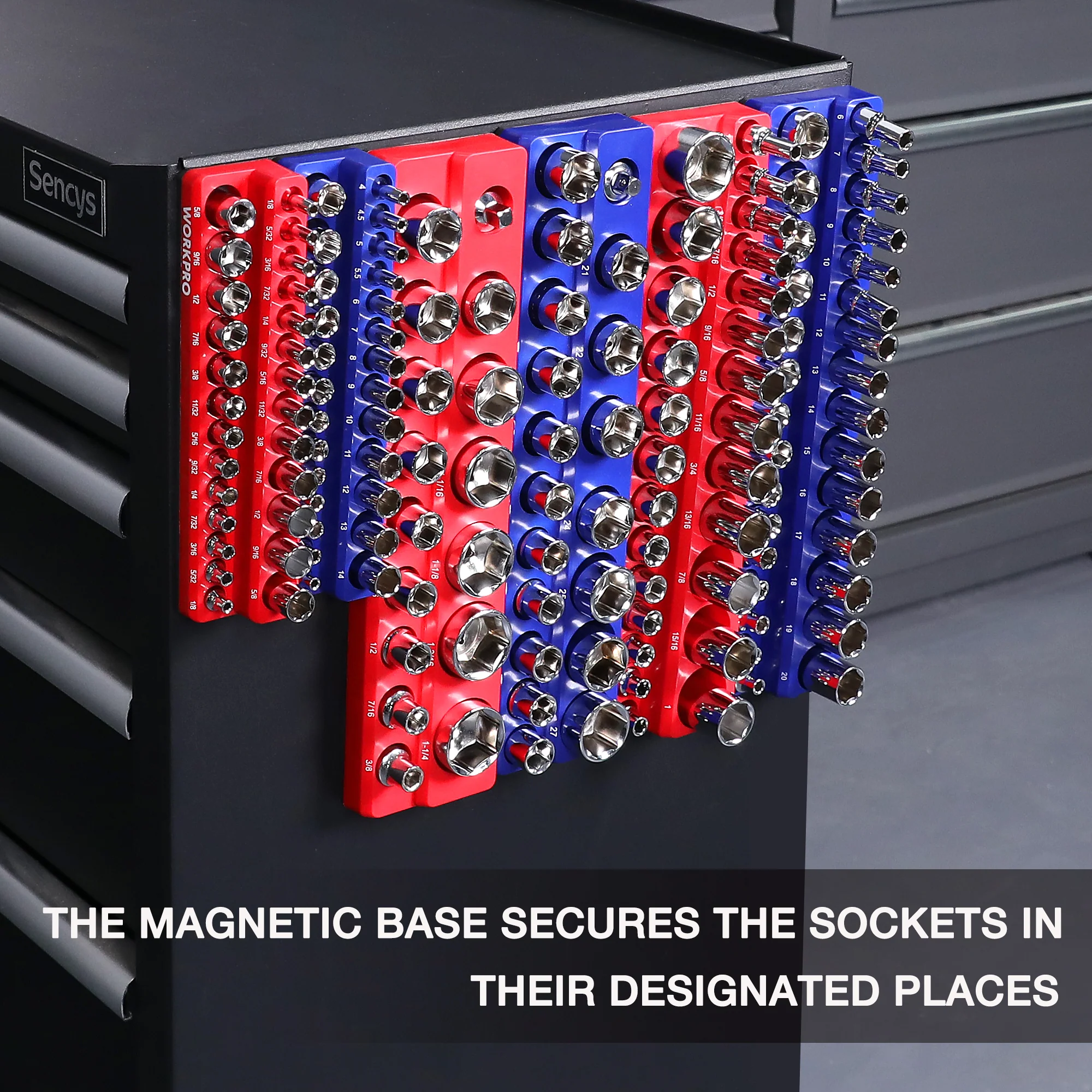 WORKPRO Magnetic Receptacle Organizer Set of 6 Includes 1/4", 3/8", 1/2" Drive Metric SAE Receptacle Tray, Holds 141 Standard Sizes - Image 4