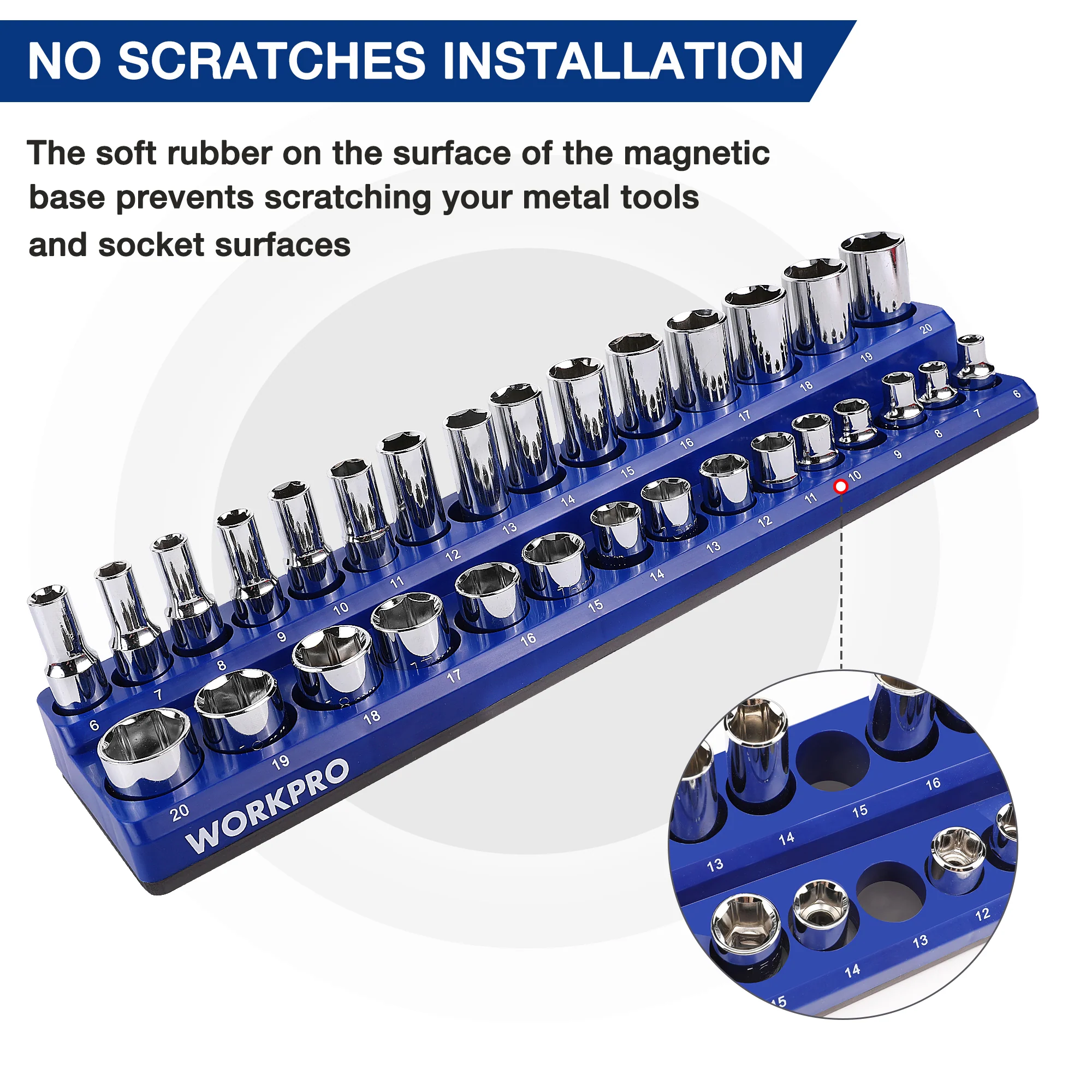 WORKPRO Magnetic Receptacle Organizer Set of 6 Includes 1/4", 3/8", 1/2" Drive Metric SAE Receptacle Tray, Holds 141 Standard Sizes - Image 5