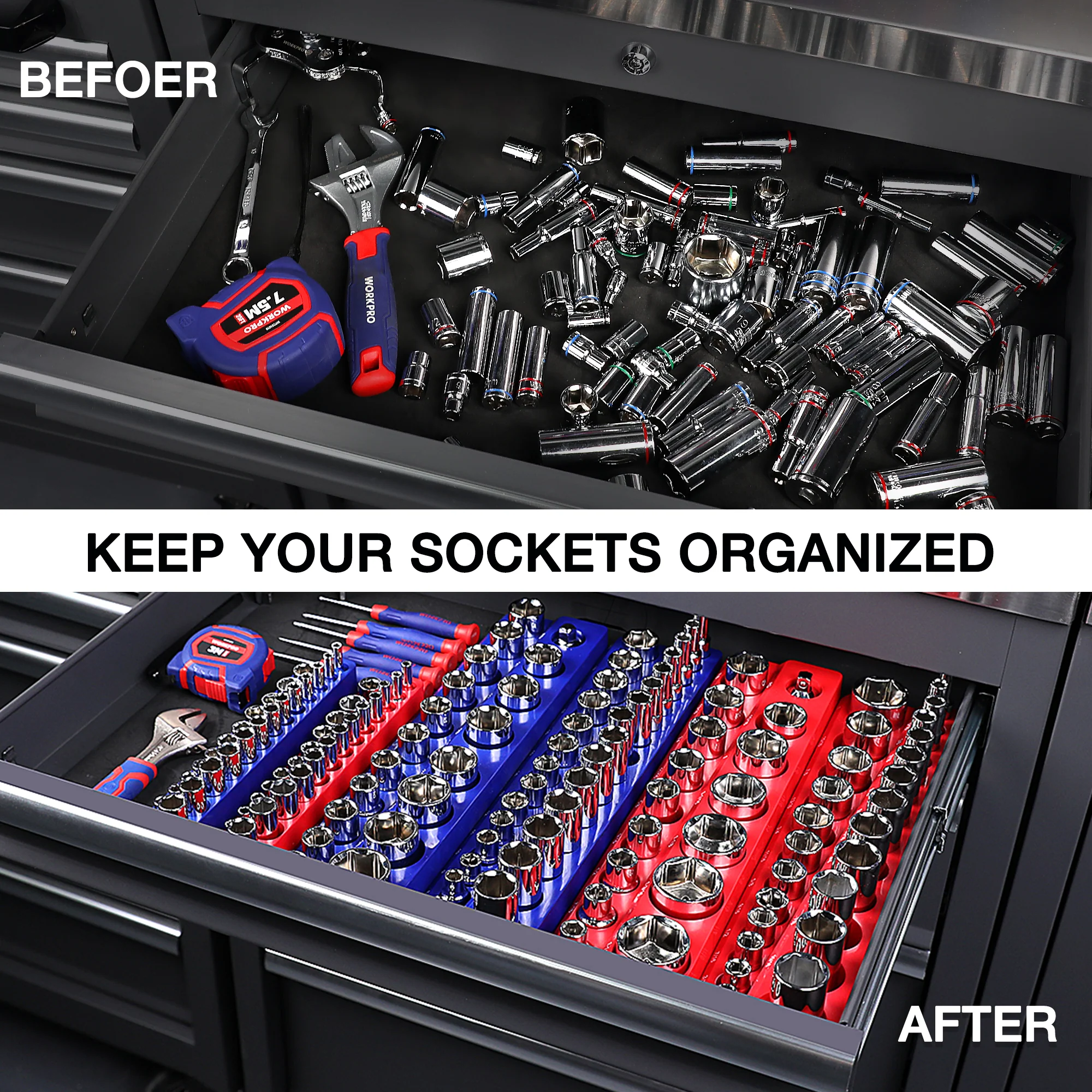 WORKPRO Magnetic Receptacle Organizer Set of 6 Includes 1/4", 3/8", 1/2" Drive Metric SAE Receptacle Tray, Holds 141 Standard Sizes - Image 6