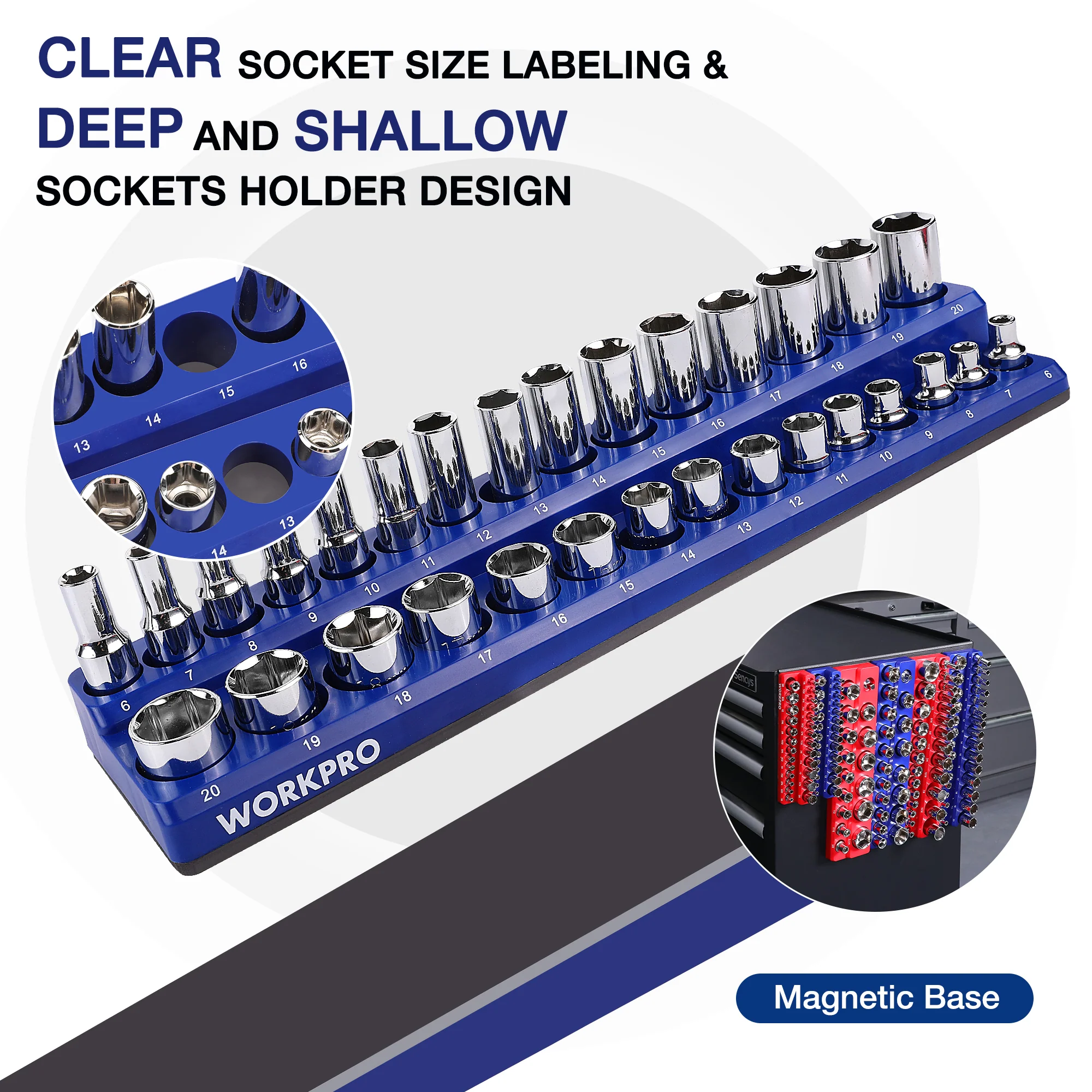 WORKPRO Magnetic Receptacle Organizer Set of 6 Includes 1/4", 3/8", 1/2" Drive Metric SAE Receptacle Tray, Holds 141 Standard Sizes - Image 7