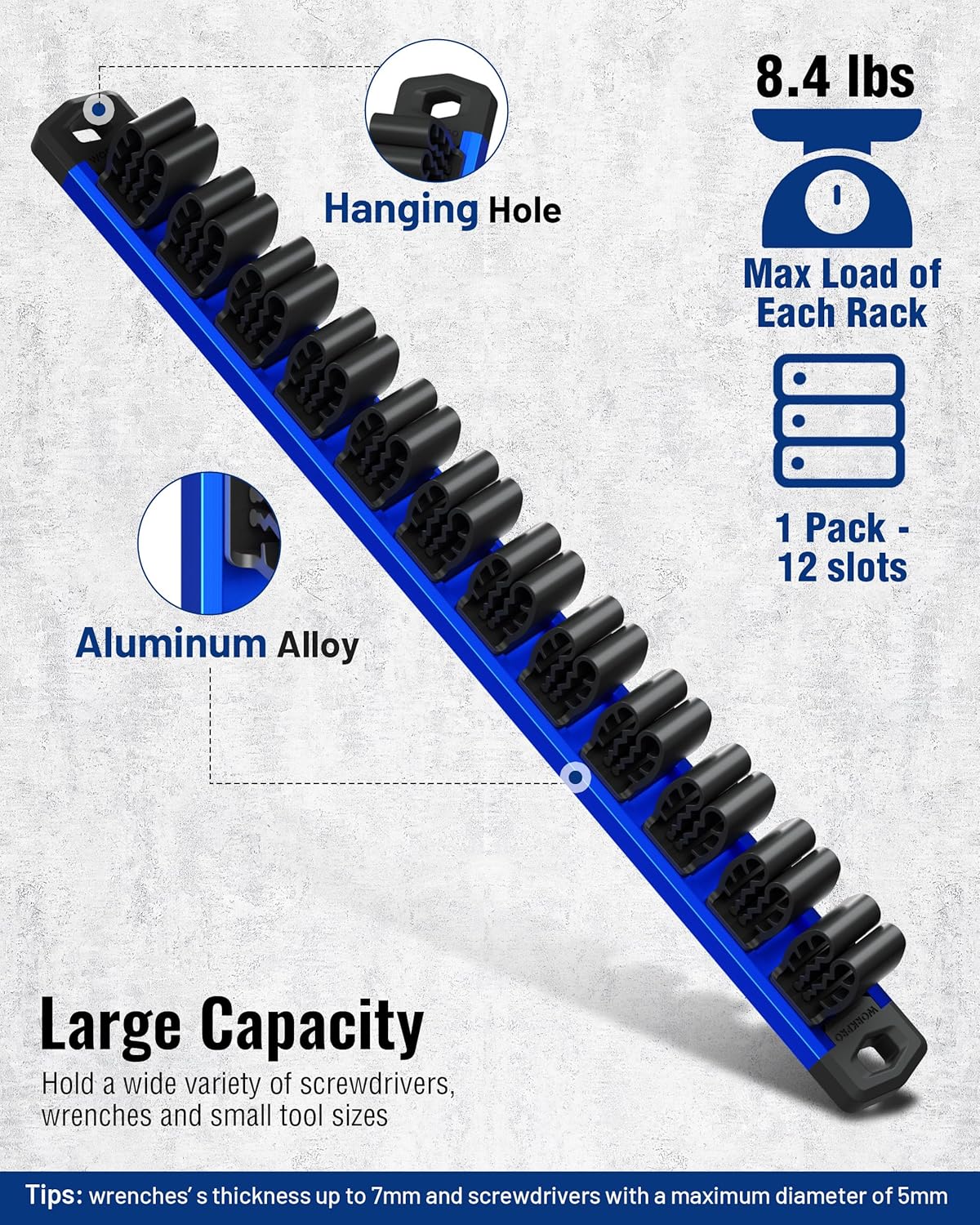 WORKPRO Magnetic Screwdriver Organizer and Wrench Organizer, Aluminum Rail Magnetic Tool Organizers, Tool Holder, Tool Box Organizers, 12-Slot Screwdriver and Wrench Holder (Tools not Included) - Image 3