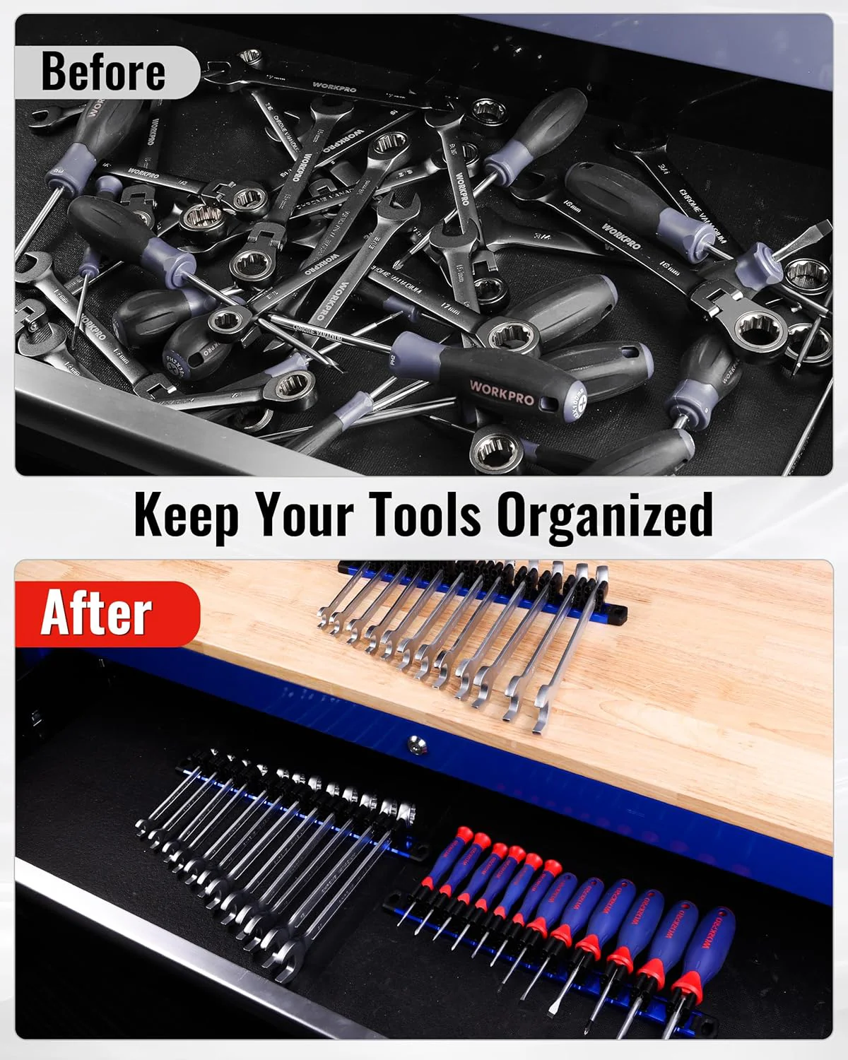 WORKPRO Magnetic Screwdriver Organizer and Wrench Organizer, Aluminum Rail Magnetic Tool Organizers, Tool Holder, Tool Box Organizers, 12-Slot Screwdriver and Wrench Holder (Tools not Included) - Image 5