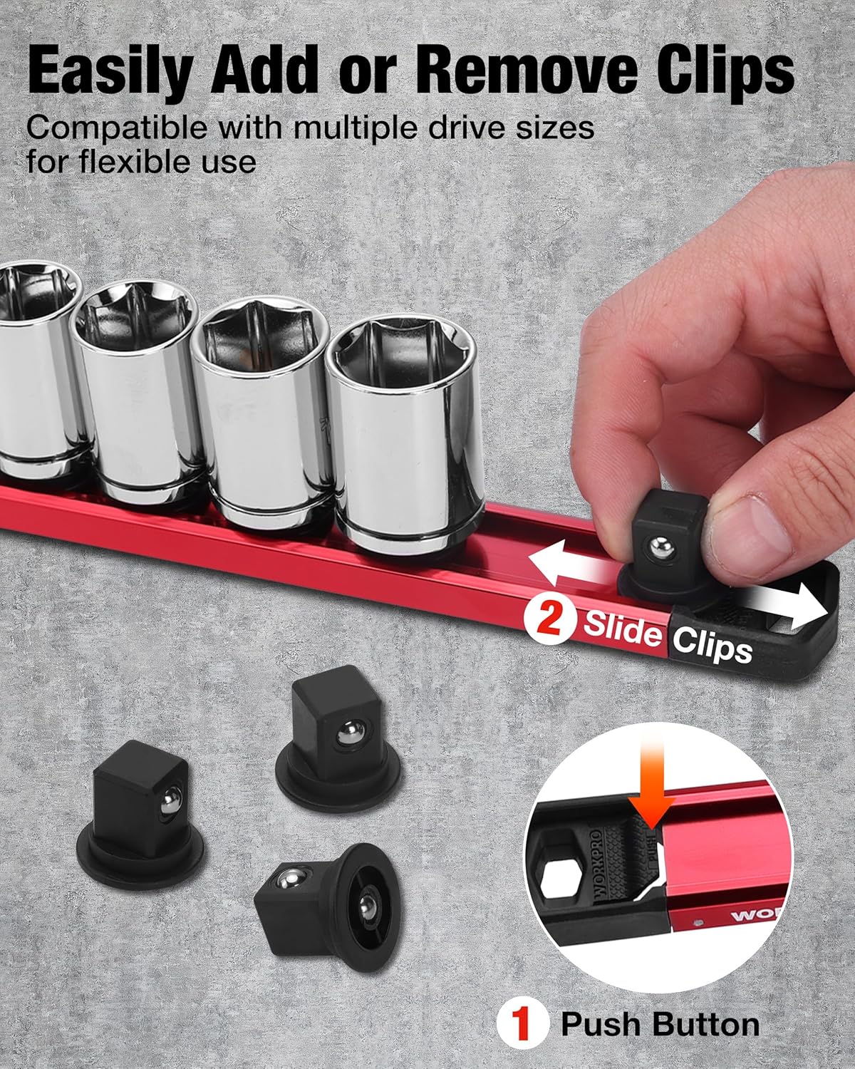 WORKPRO Magnetic Socket Organizer, 1/2" Drive Aluminum Alloy Socket Holder with 10 PC Removable Socket Clips for Quick Customization, Socket Rail for Tool Box Drawer (Sockets Not Included) - Image 2