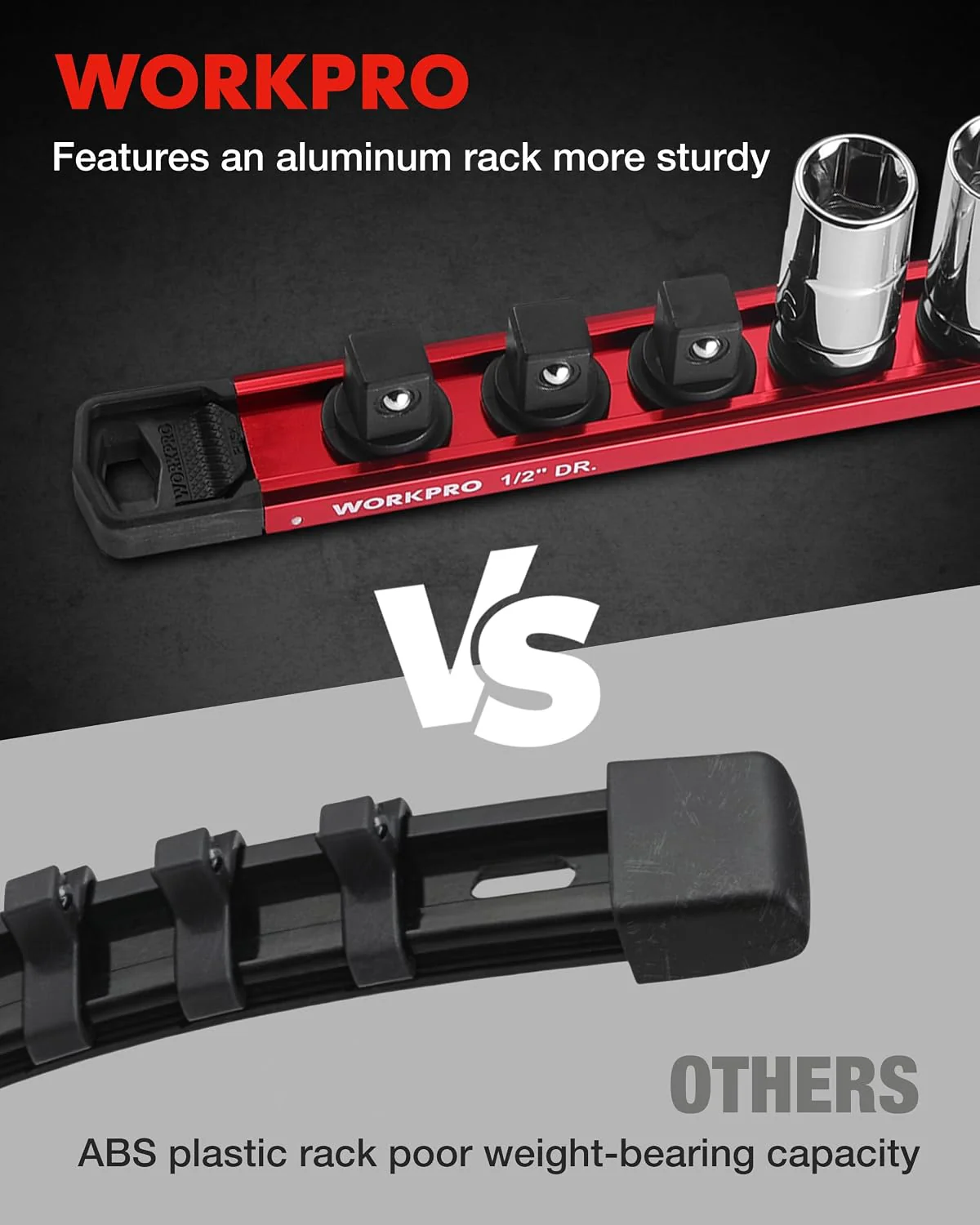 WORKPRO Magnetic Socket Organizer, 1/2" Drive Aluminum Alloy Socket Holder with 10 PC Removable Socket Clips for Quick Customization, Socket Rail for Tool Box Drawer (Sockets Not Included) - Image 4