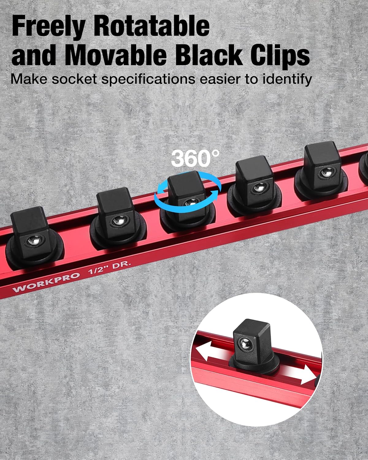 WORKPRO Magnetic Socket Organizer, 1/2" Drive Aluminum Alloy Socket Holder with 10 PC Removable Socket Clips for Quick Customization, Socket Rail for Tool Box Drawer (Sockets Not Included) - Image 5