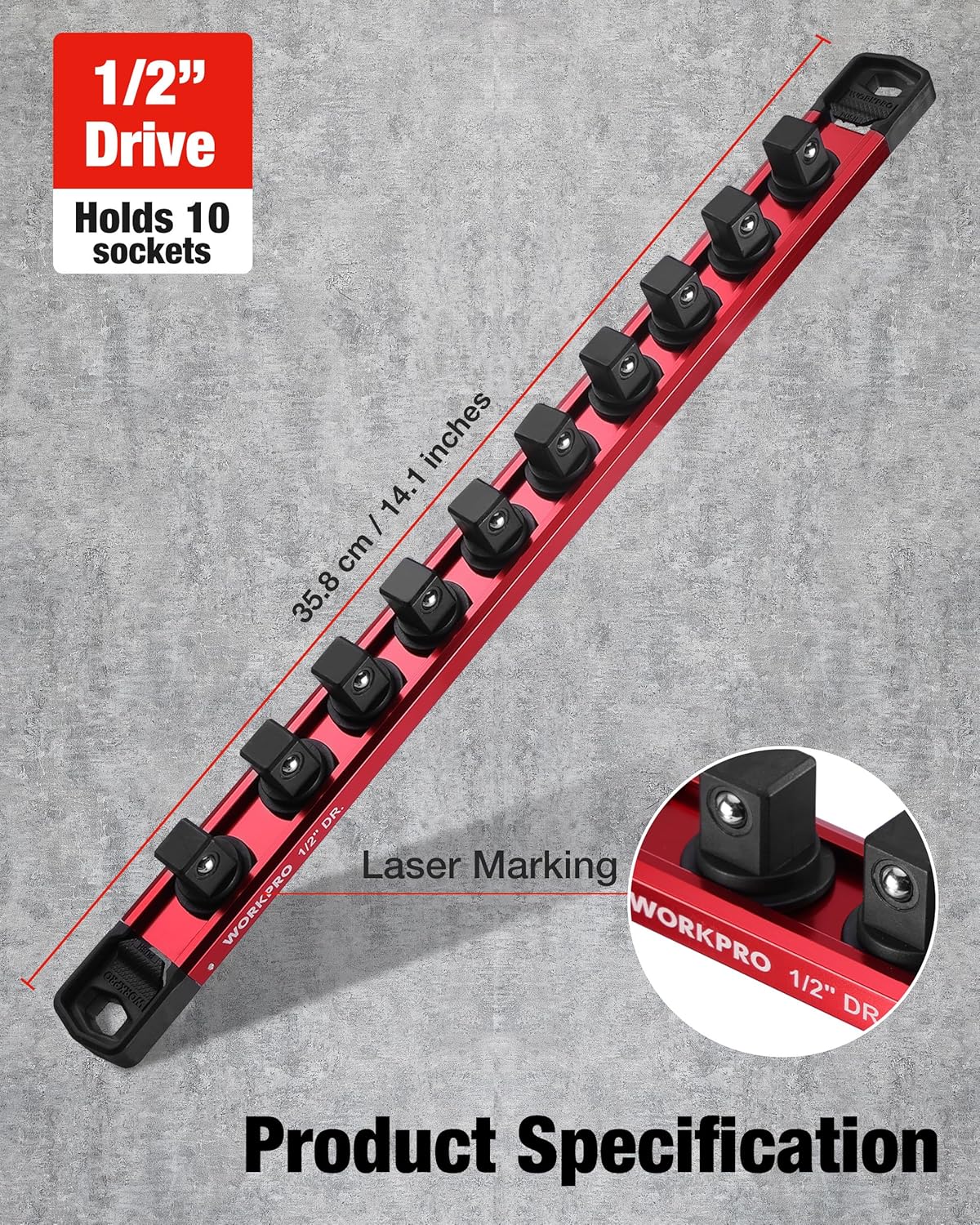 WORKPRO Magnetic Socket Organizer, 1/2" Drive Aluminum Alloy Socket Holder with 10 PC Removable Socket Clips for Quick Customization, Socket Rail for Tool Box Drawer (Sockets Not Included) - Image 6