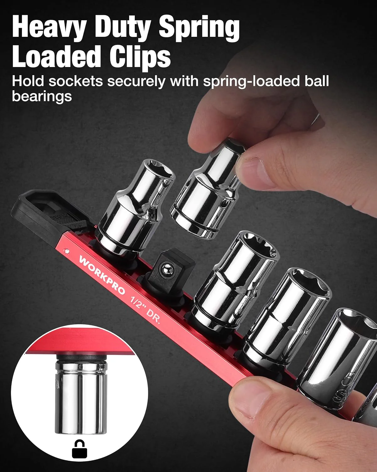 WORKPRO Magnetic Socket Organizer, 1/2" Drive Aluminum Alloy Socket Holder with 10 PC Removable Socket Clips for Quick Customization, Socket Rail for Tool Box Drawer (Sockets Not Included) - Image 7