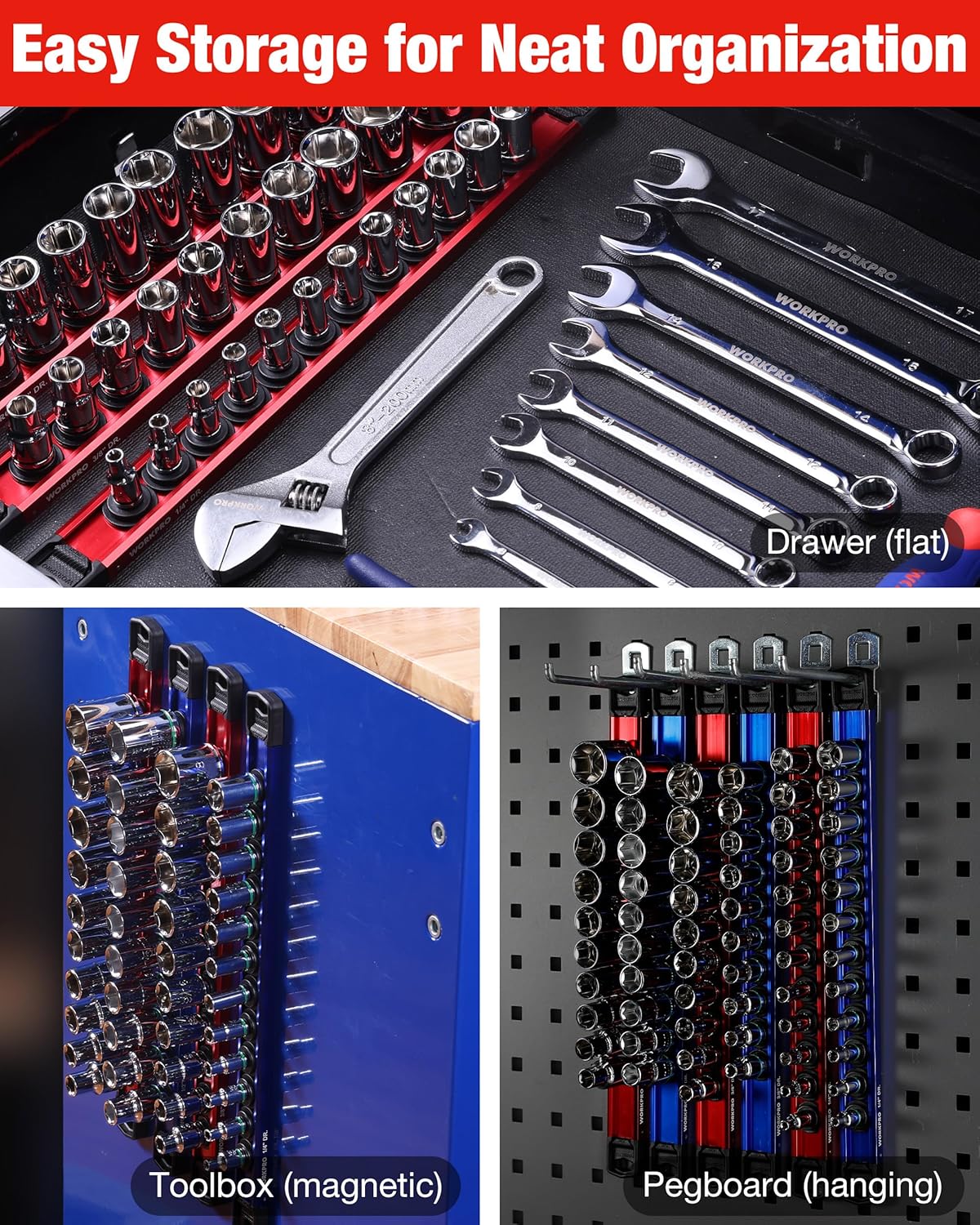 WORKPRO Magnetic Socket Organizer, 1/2" Drive Aluminum Alloy Socket Holder with 10 PC Removable Socket Clips for Quick Customization, Socket Rail for Tool Box Drawer (Sockets Not Included) - Image 8