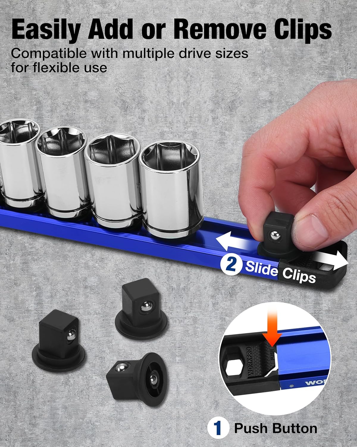 WORKPRO Magnetic Socket Organizer, 1/2" Drive Aluminum Alloy Socket Holder with 10PC Removable Socket Clips for Quick Customization, Socket Rail for Tool Box Drawer (Sockets Not Included) - Image 2