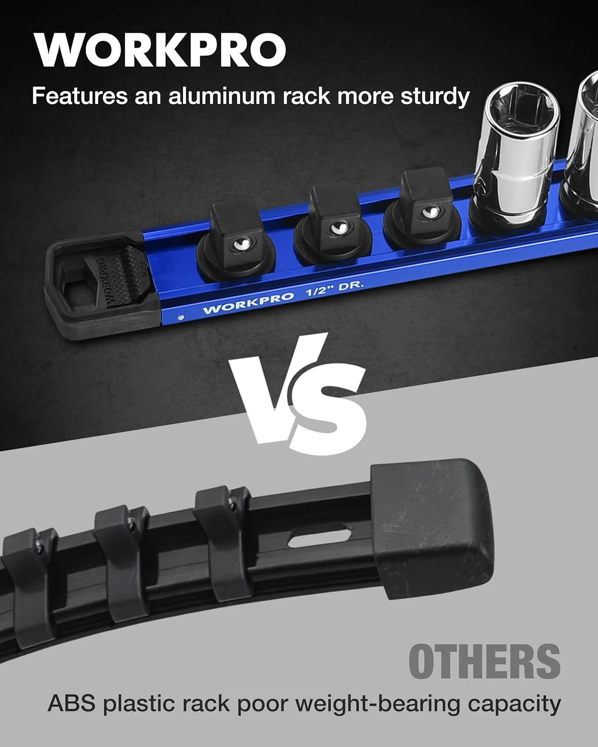 WORKPRO Magnetic Socket Organizer, 1/2" Drive Aluminum Alloy Socket Holder with 10PC Removable Socket Clips for Quick Customization, Socket Rail for Tool Box Drawer (Sockets Not Included) - Image 4