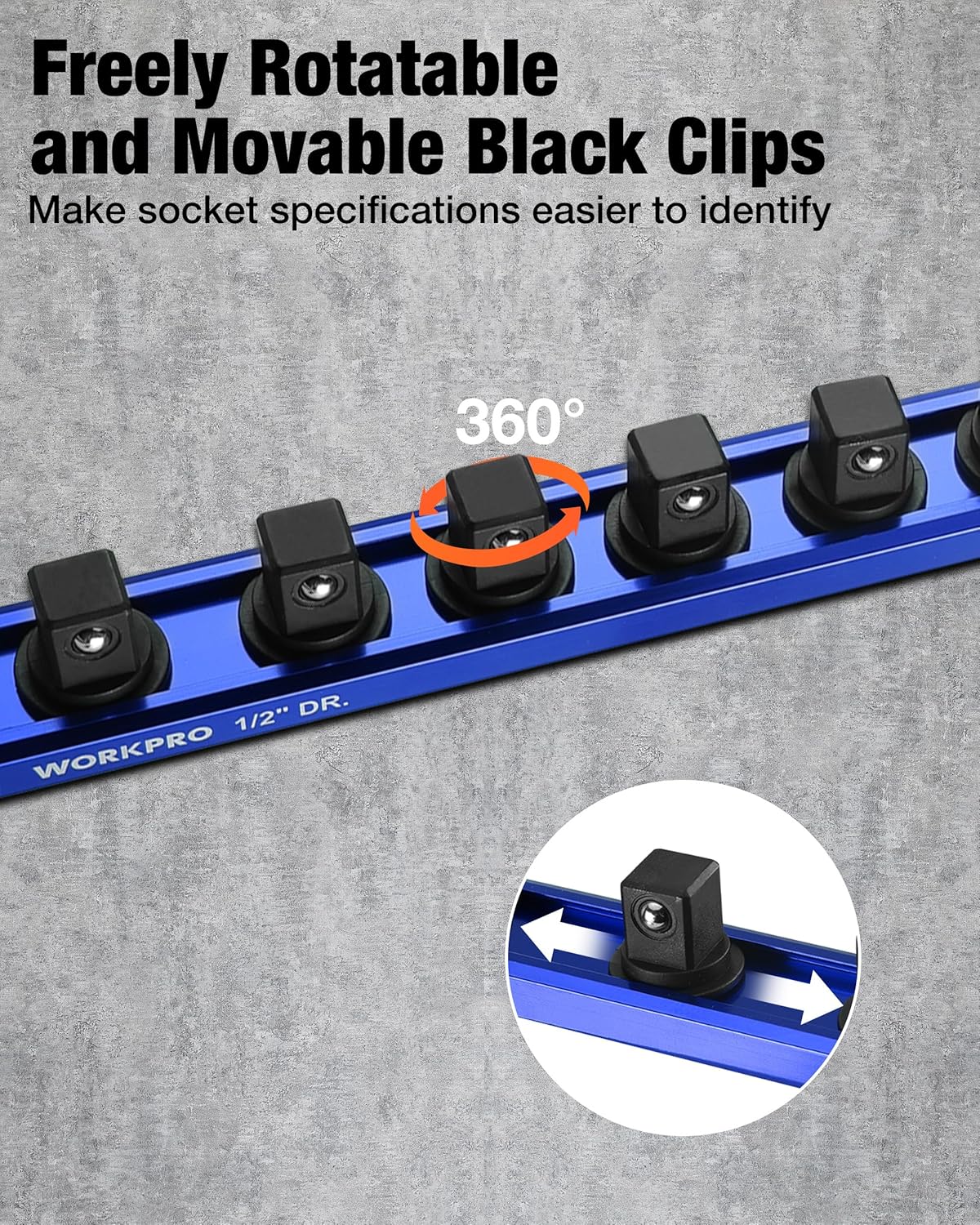 WORKPRO Magnetic Socket Organizer, 1/2" Drive Aluminum Alloy Socket Holder with 10PC Removable Socket Clips for Quick Customization, Socket Rail for Tool Box Drawer (Sockets Not Included) - Image 5
