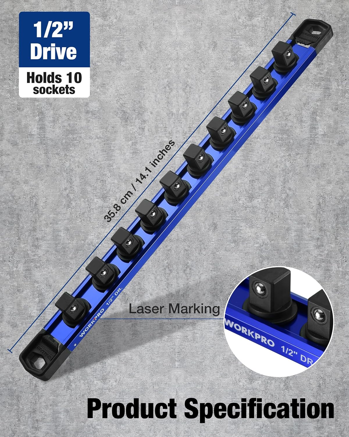 WORKPRO Magnetic Socket Organizer, 1/2" Drive Aluminum Alloy Socket Holder with 10PC Removable Socket Clips for Quick Customization, Socket Rail for Tool Box Drawer (Sockets Not Included) - Image 7