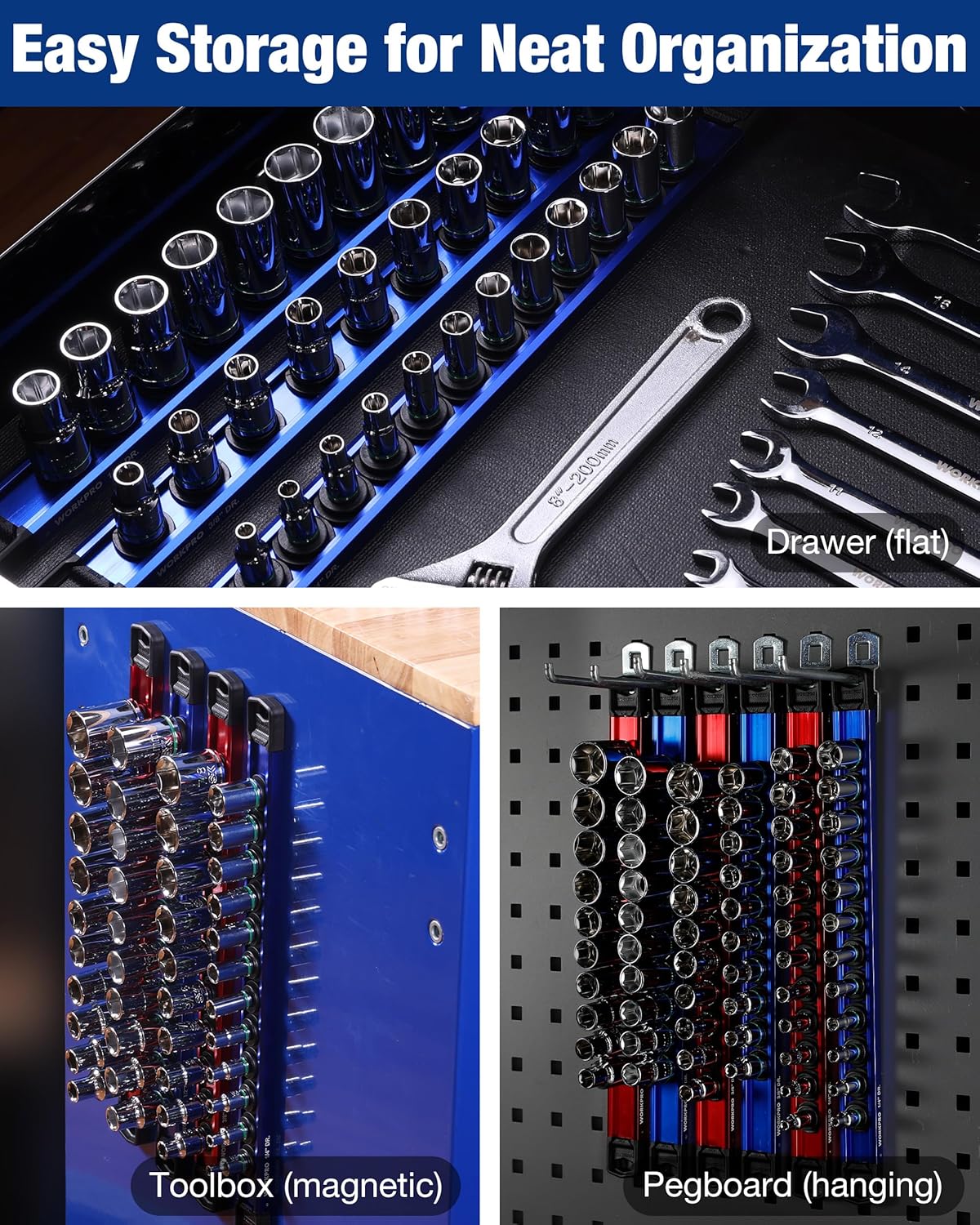 WORKPRO Magnetic Socket Organizer, 1/2" Drive Aluminum Alloy Socket Holder with 10PC Removable Socket Clips for Quick Customization, Socket Rail for Tool Box Drawer (Sockets Not Included) - Image 8