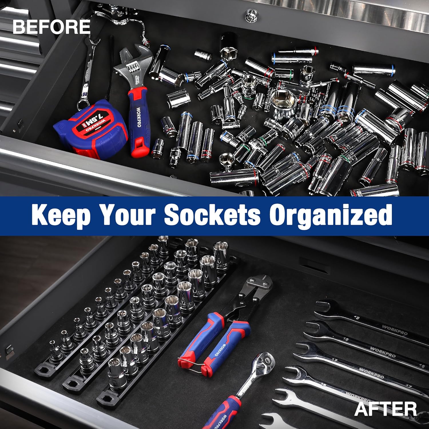 WORKPRO Magnetic Socket Organizer, 1/2-Inch Drive Aluminum Alloy Socket Rail, Heavy Duty Socket Holder, Socket Rack Kit 1/2-Inch x 10 Clips Black (Socket not Included) | ‎Magnetic Socket Rail, Rotatable & Moveable Clips - Image 2
