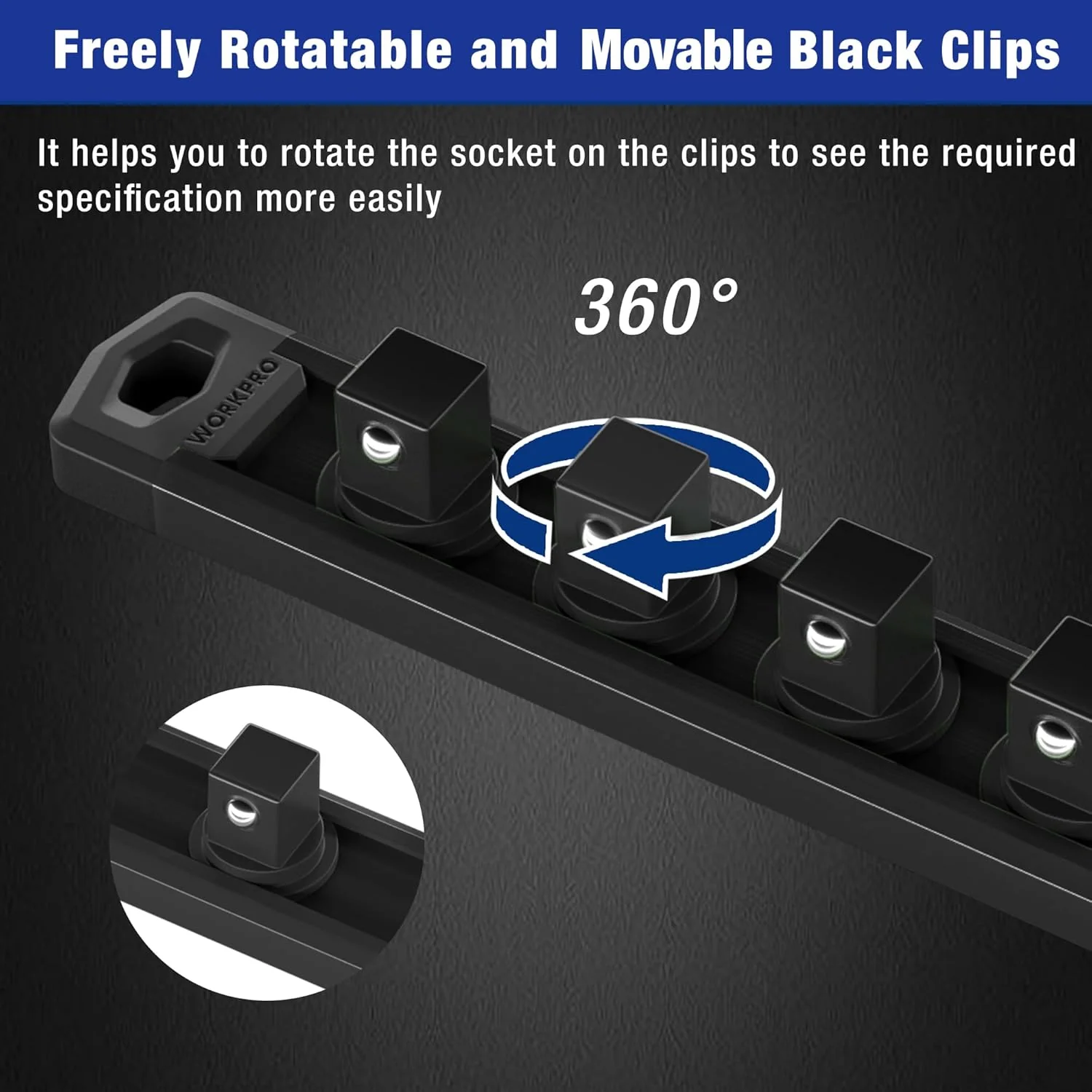 WORKPRO Magnetic Socket Organizer, 1/2-Inch Drive Aluminum Alloy Socket Rail, Heavy Duty Socket Holder, Socket Rack Kit 1/2-Inch x 10 Clips Black (Socket not Included) | ‎Magnetic Socket Rail, Rotatable & Moveable Clips - Image 4