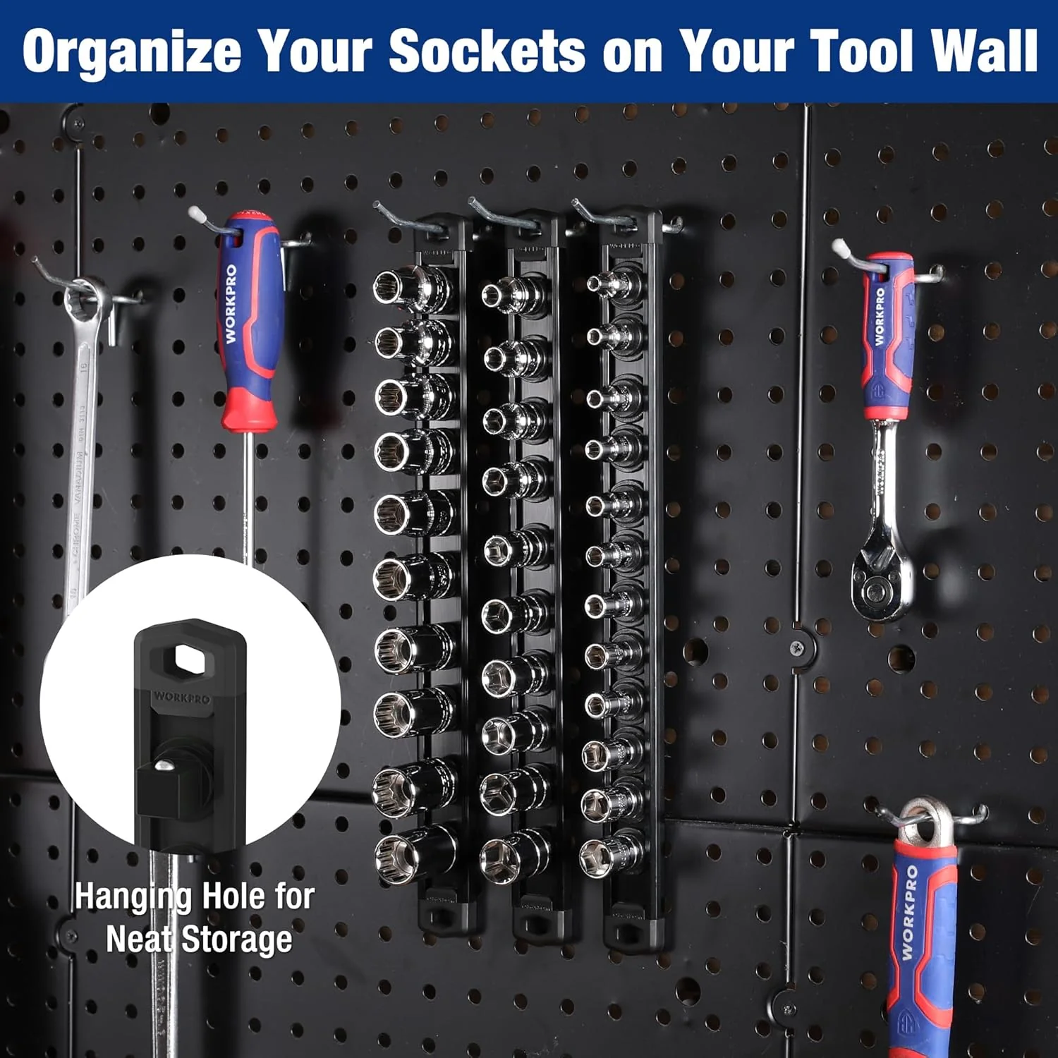 WORKPRO Magnetic Socket Organizer, 1/2-Inch Drive Aluminum Alloy Socket Rail, Heavy Duty Socket Holder, Socket Rack Kit 1/2-Inch x 10 Clips Black (Socket not Included) | ‎Magnetic Socket Rail, Rotatable & Moveable Clips - Image 6